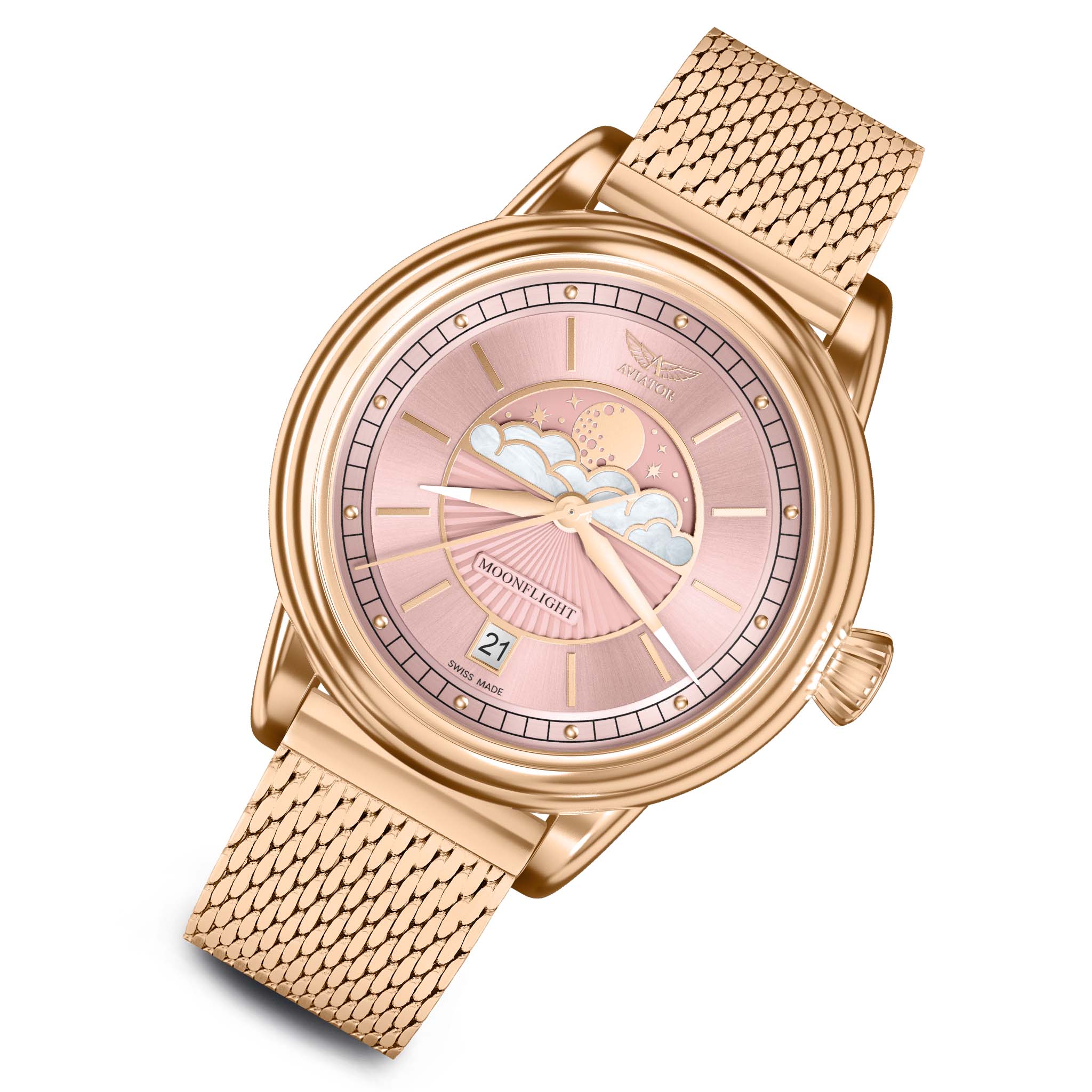 Aviator Pink Milanese Stainless Steel Mesh Swiss Made Women's Watch - V13322585