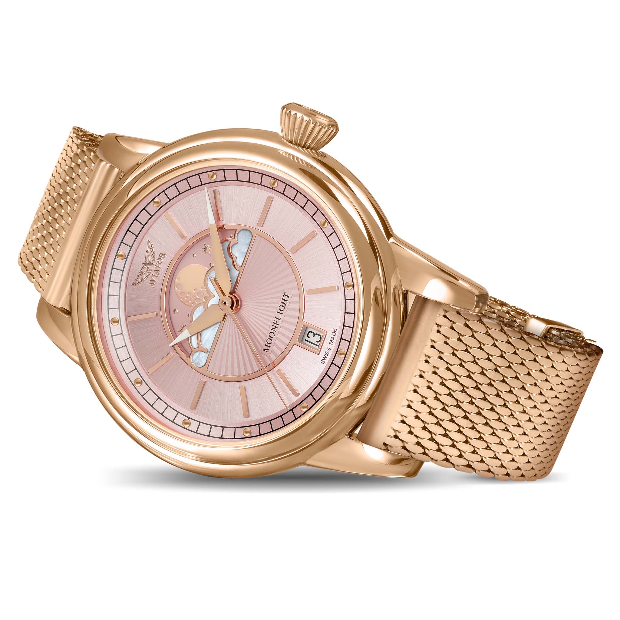 Aviator Pink Milanese Stainless Steel Mesh Swiss Made Women's Watch - V13322585