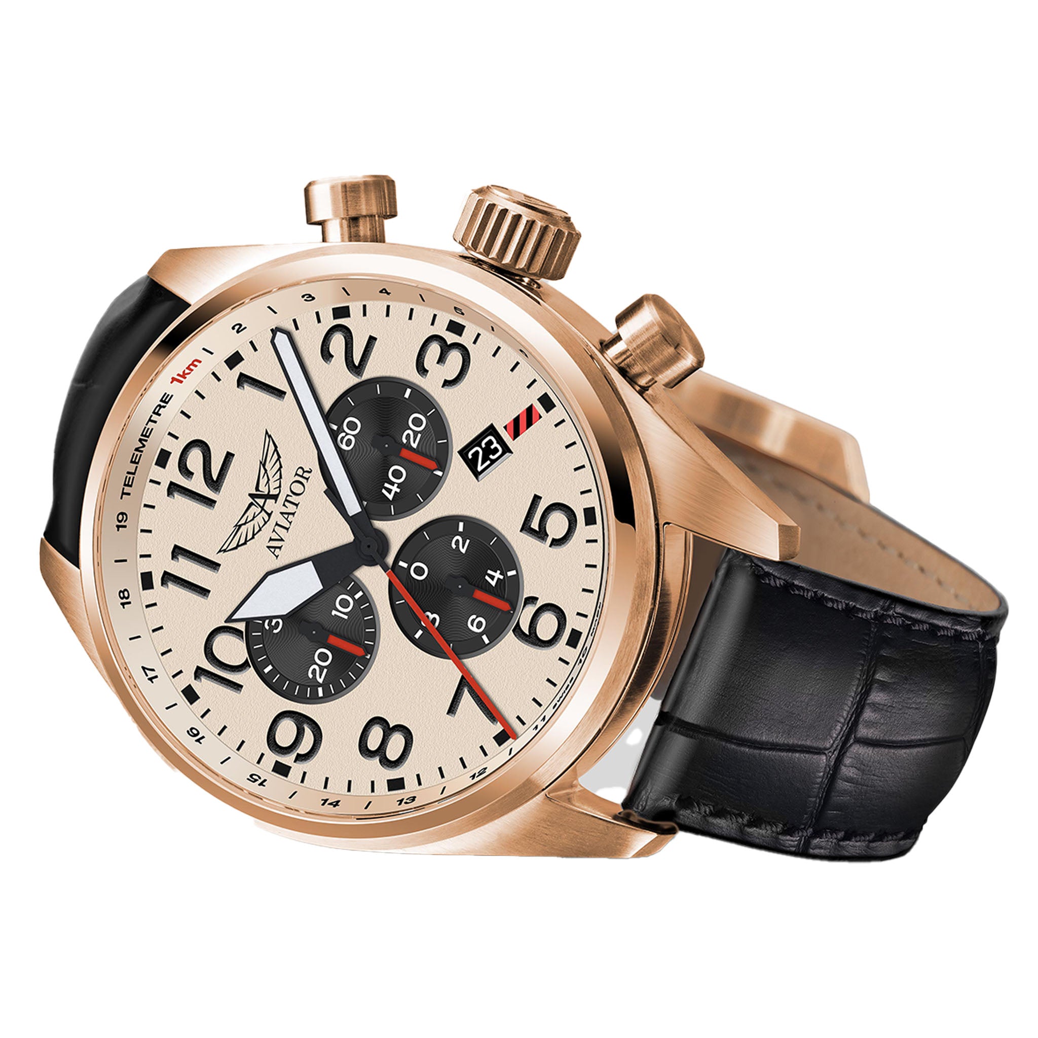 Aviator Black Leather Ivory Dial Chronograph Swiss Made Men's Watch - V22521734