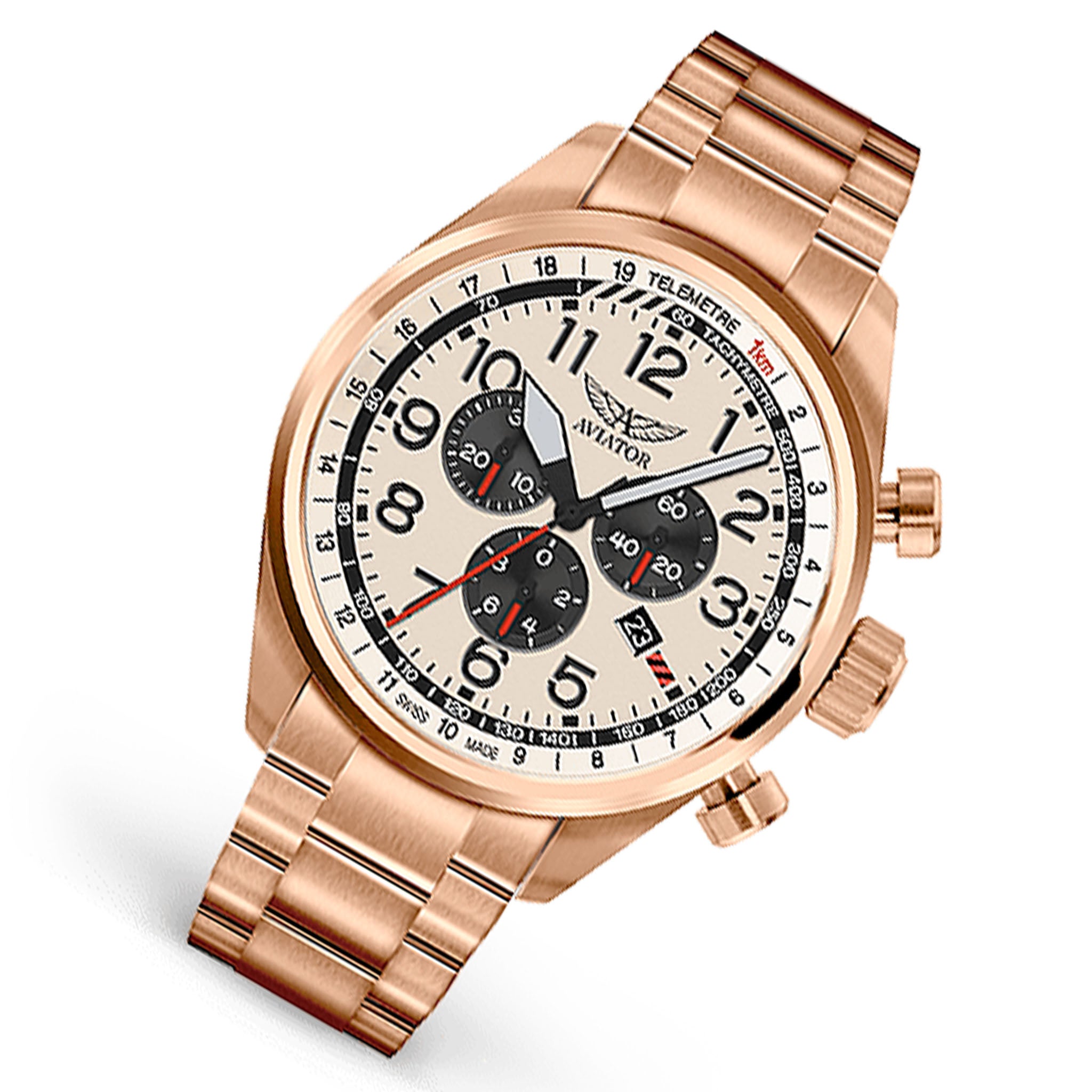 Aviator Rose Gold Steel Ivory Dial Men's Chronograph Swiss Made Watch - V22521735