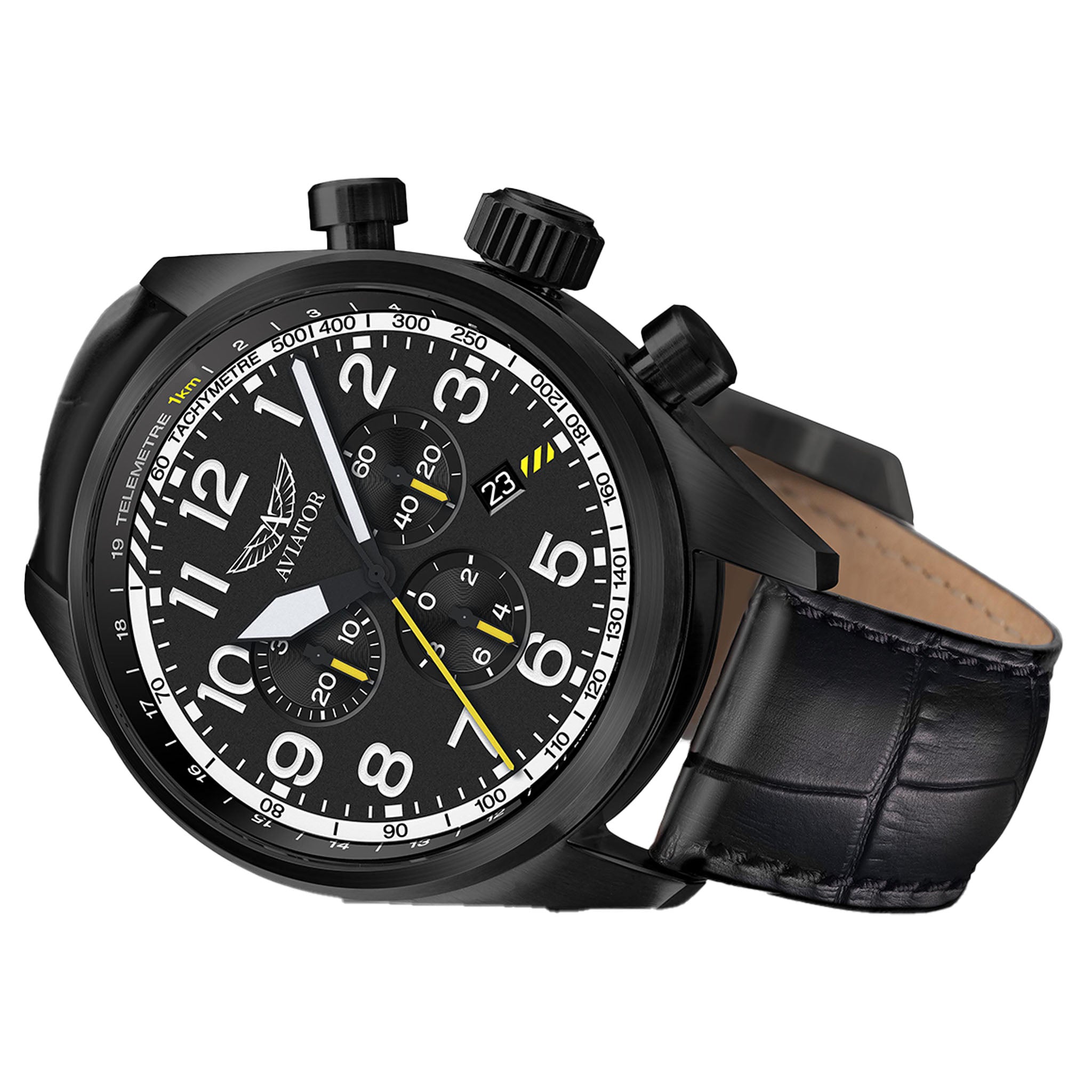 Aviator Black Leather Chronograph Swiss Made Men's Watch - V22551694