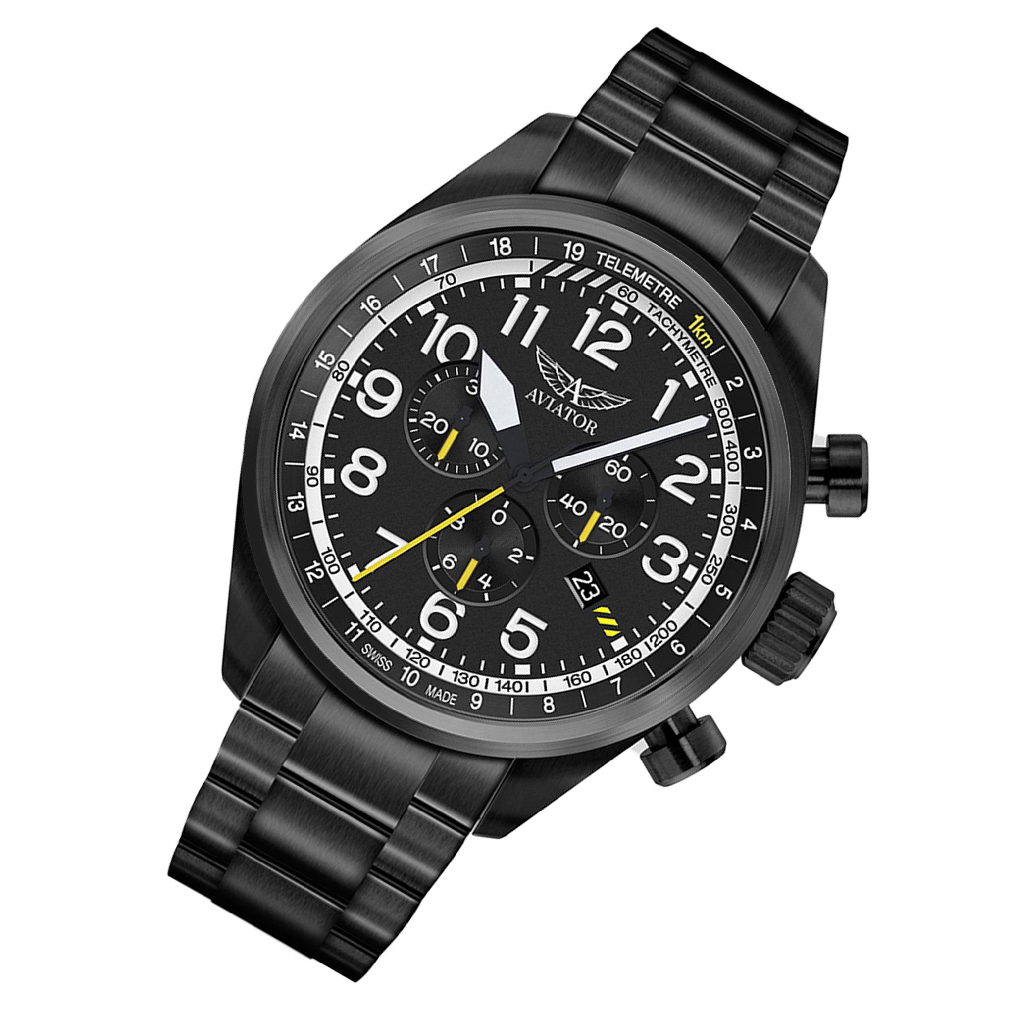 Aviator Black Steel Men's Chronograph Swiss Made Watch - V22551695