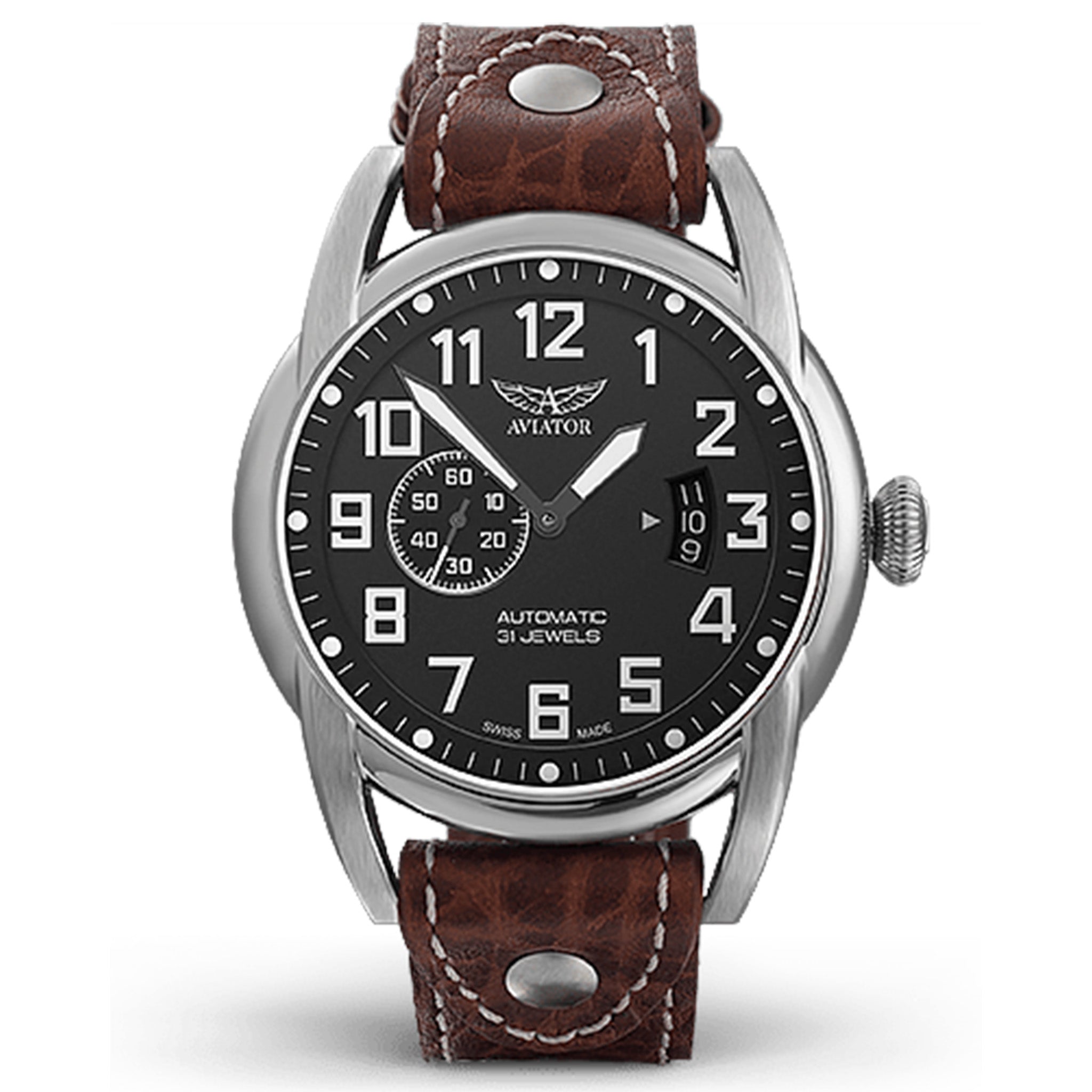 Aviator Brown Leather Black Dial Men's Automatic Swiss Made Watch - V31801604
