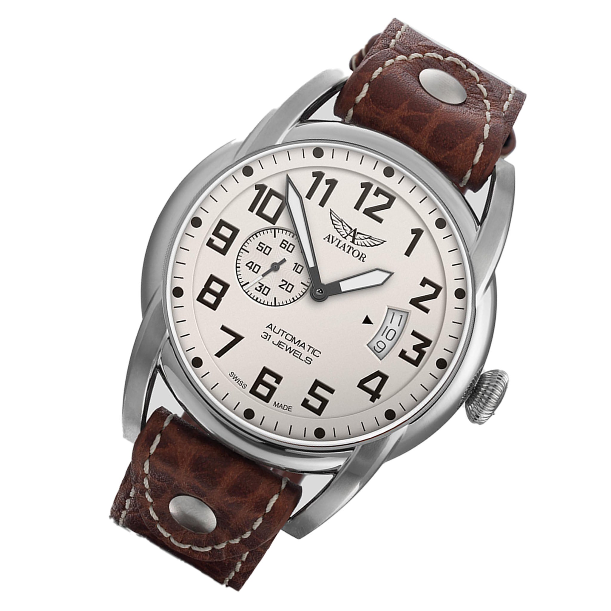 Aviator Brown Leather Ivory Dial Swiss Made Men's Automatic Watch - V31801614