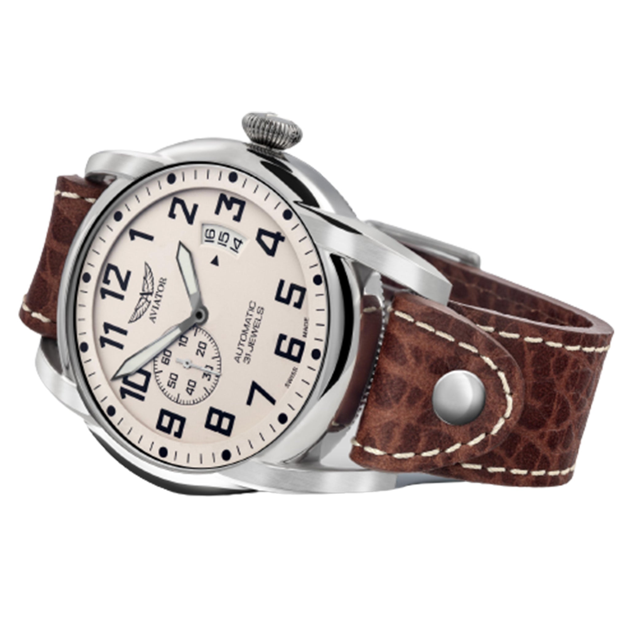 Aviator Brown Leather Ivory Dial Swiss Made Men's Automatic Watch - V31801614