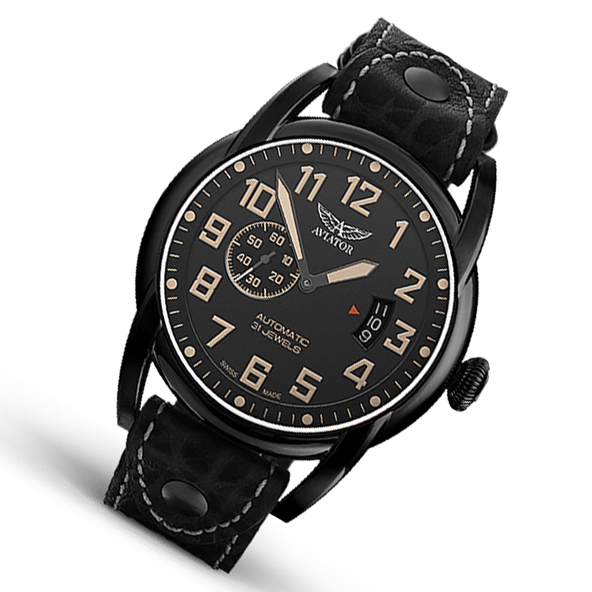 Aviator Leather Black Dial Men's Automatic Swiss Made Watch - V31851624