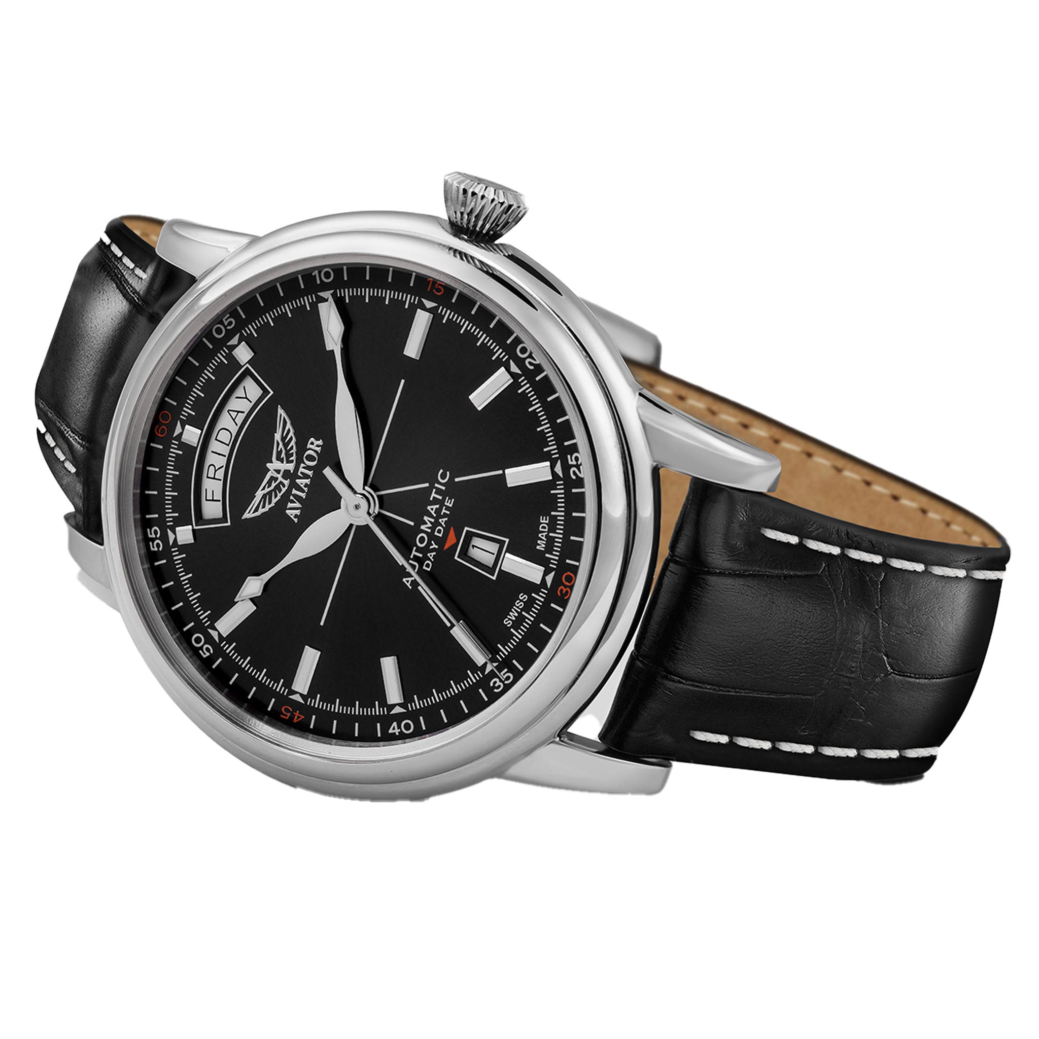Aviator Black Leather Swiss Made Men's Automatic Watch - V32001424