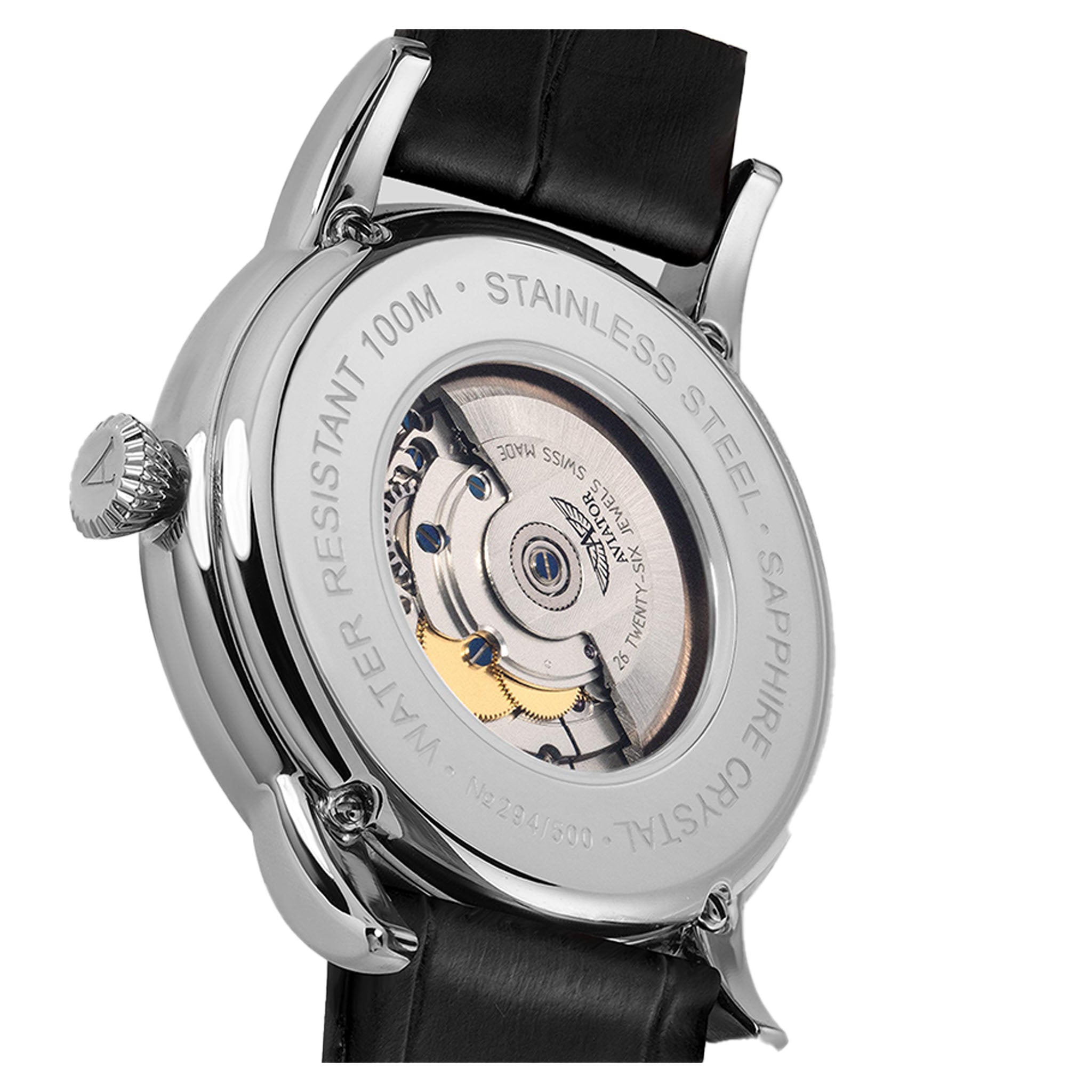 Aviator Black Leather Swiss Made Men's Automatic Watch - V32001424