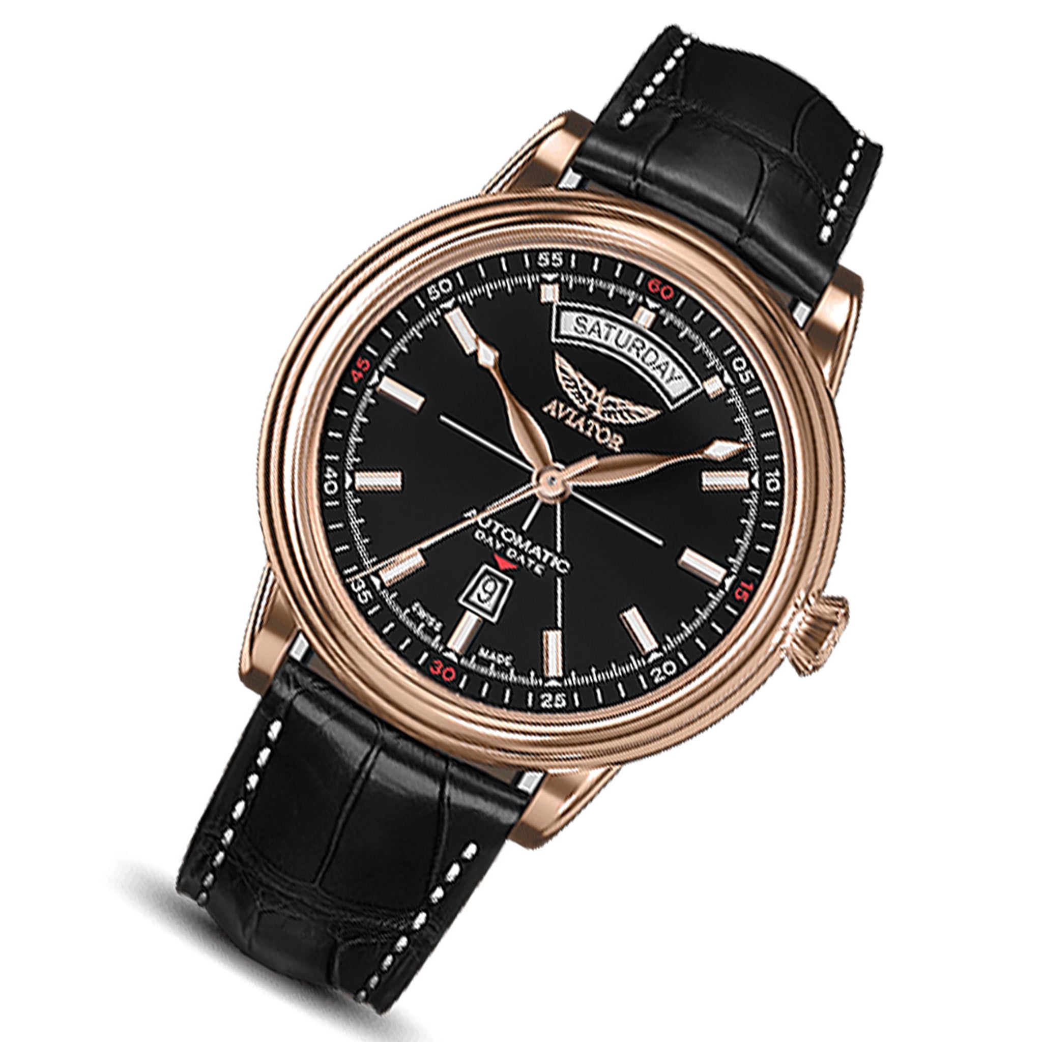 Aviator Black Leather Men's Automatic Swiss Made Watch - V32021464