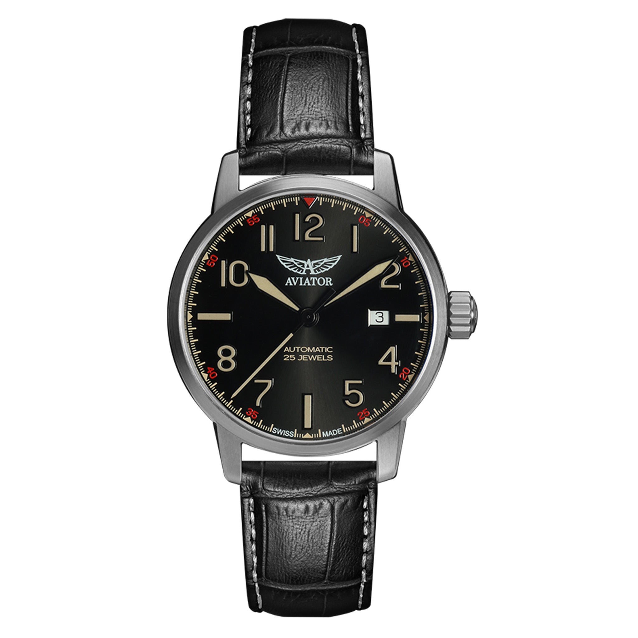 Aviator Black Leather Men's Automatic Swiss Made Watch - V32101394