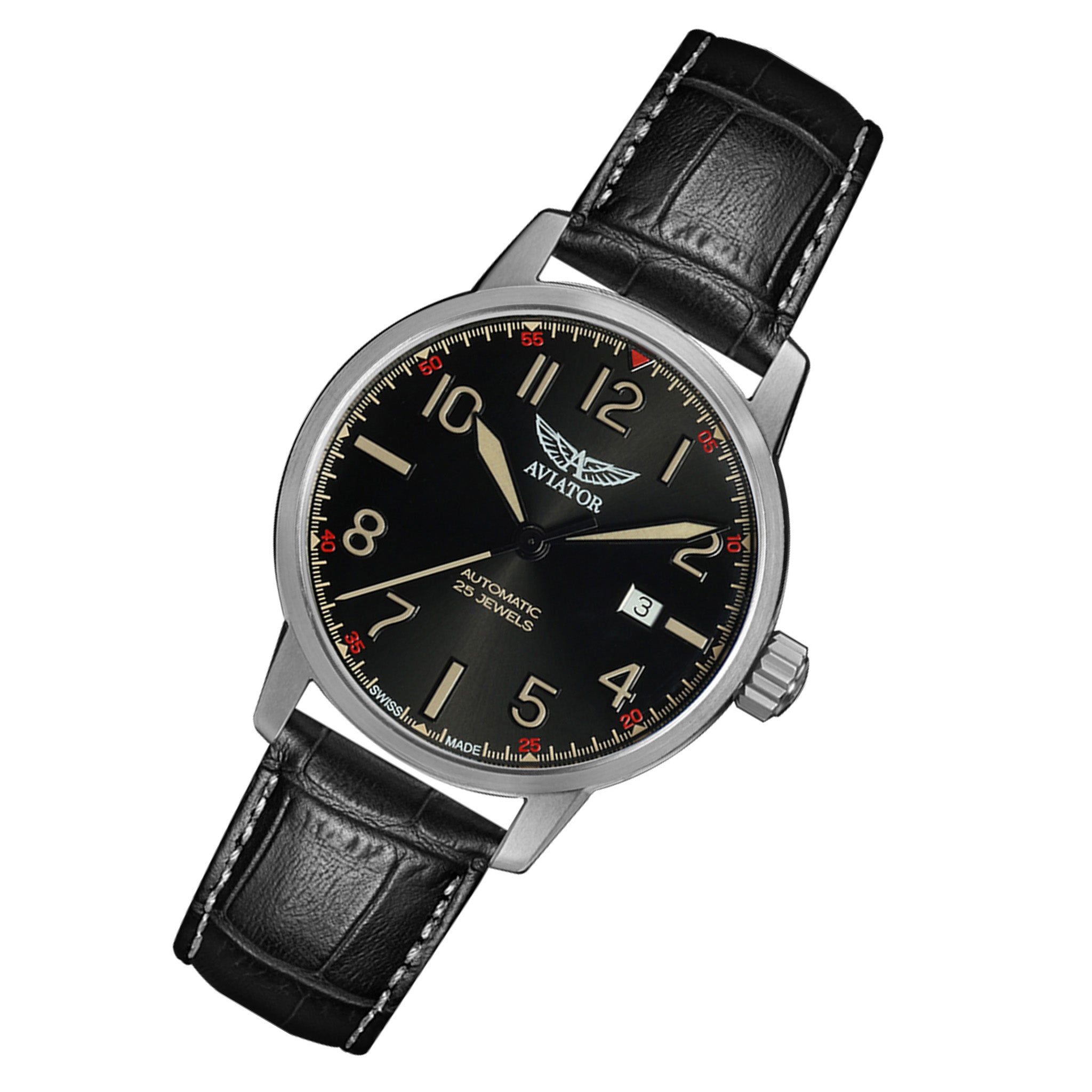 Aviator Black Leather Men's Automatic Swiss Made Watch - V32101394
