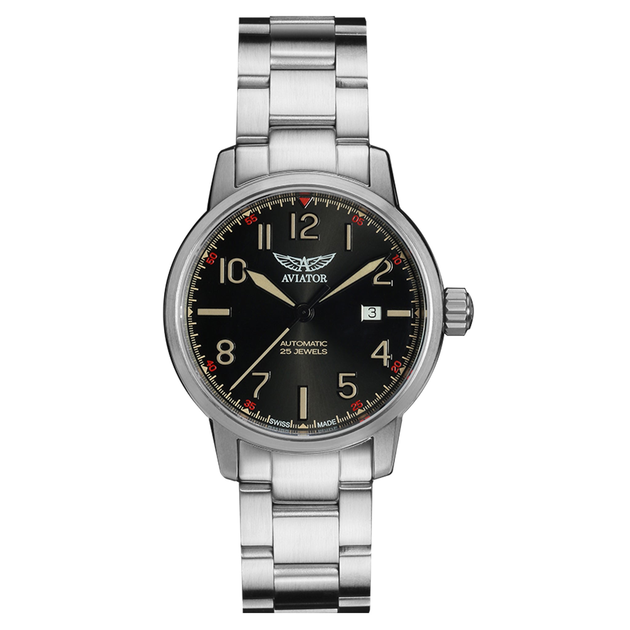Aviator Silver Steel Black Dial Men's Automatic Swiss Made Watch - V32101395