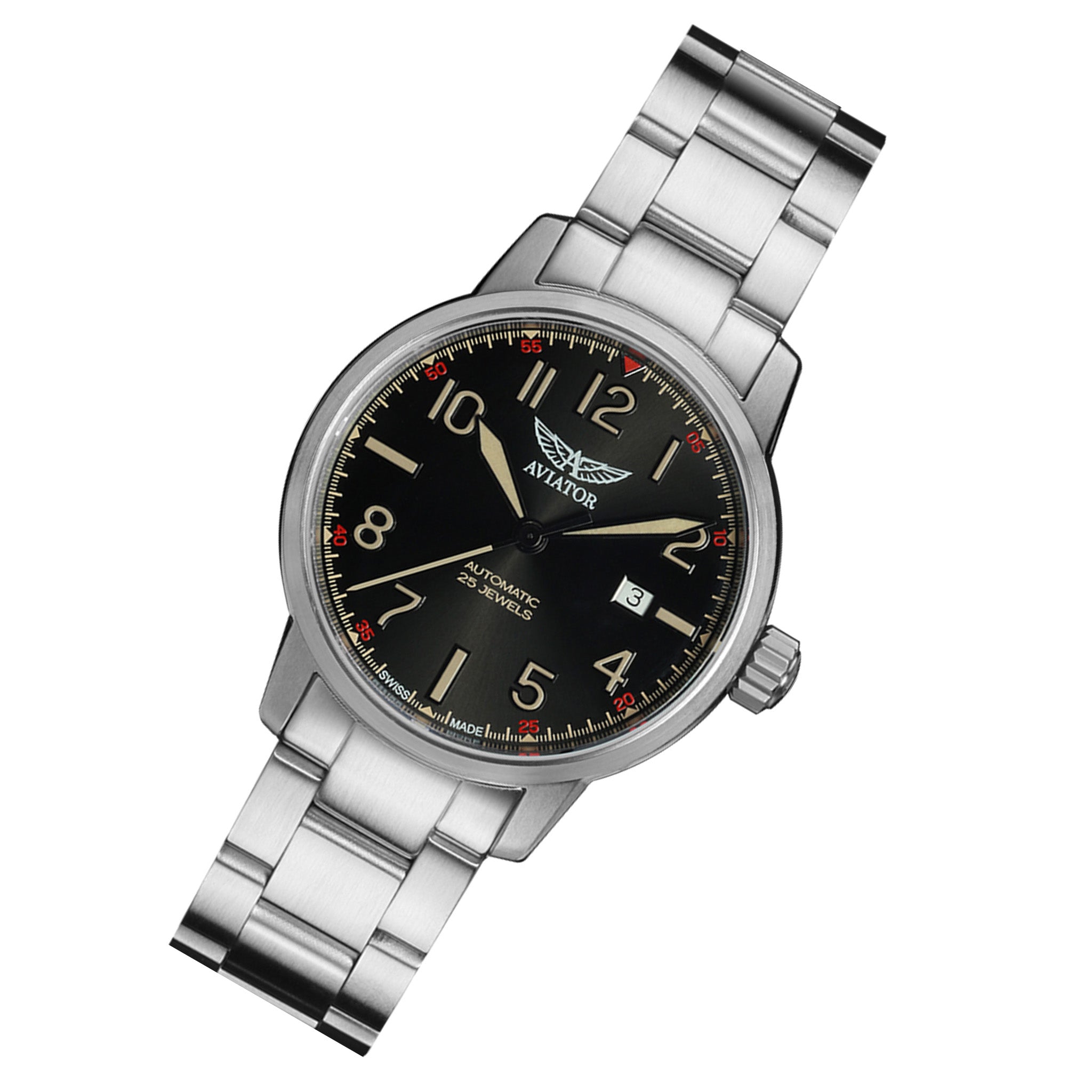 Aviator Silver Steel Black Dial Men's Automatic Swiss Made Watch - V32101395