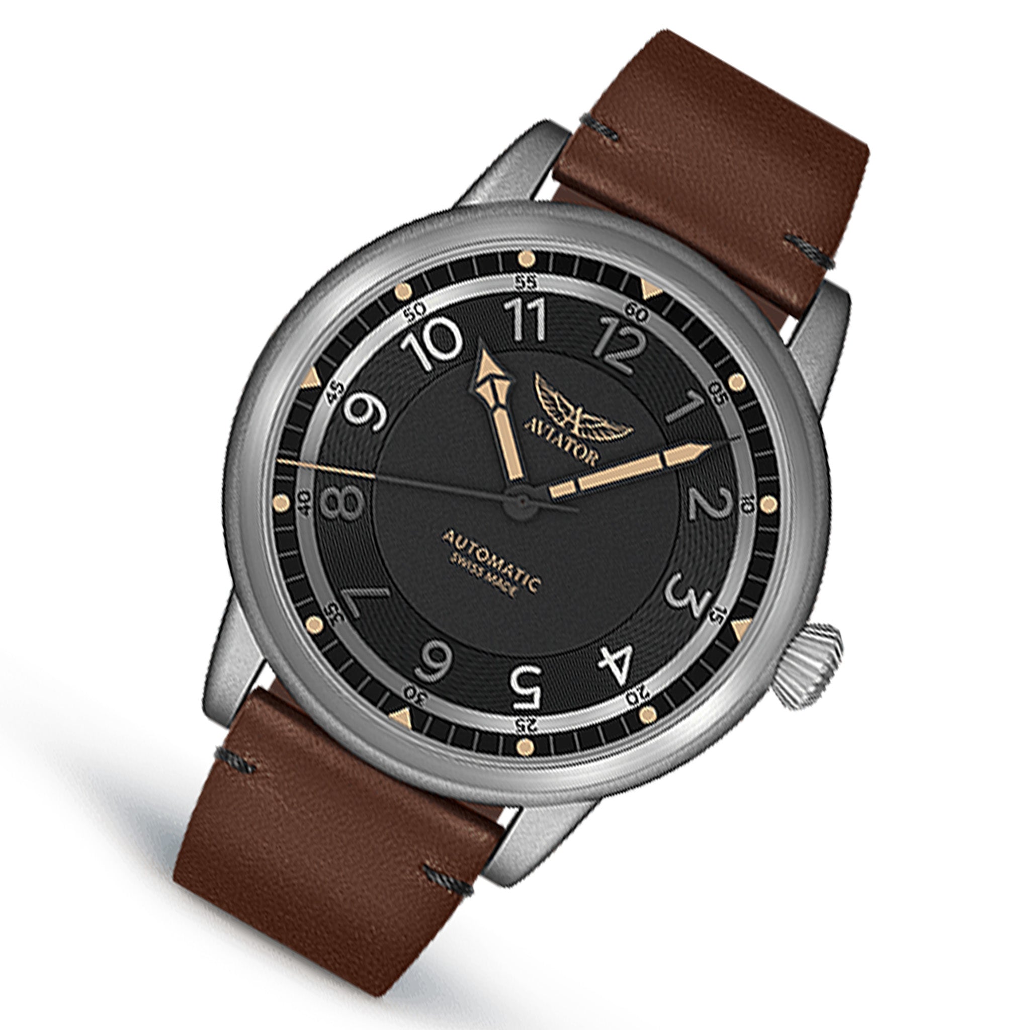 Aviator Brown Leather Black Dial Men's Automatic Swiss Made Watch - V33102284