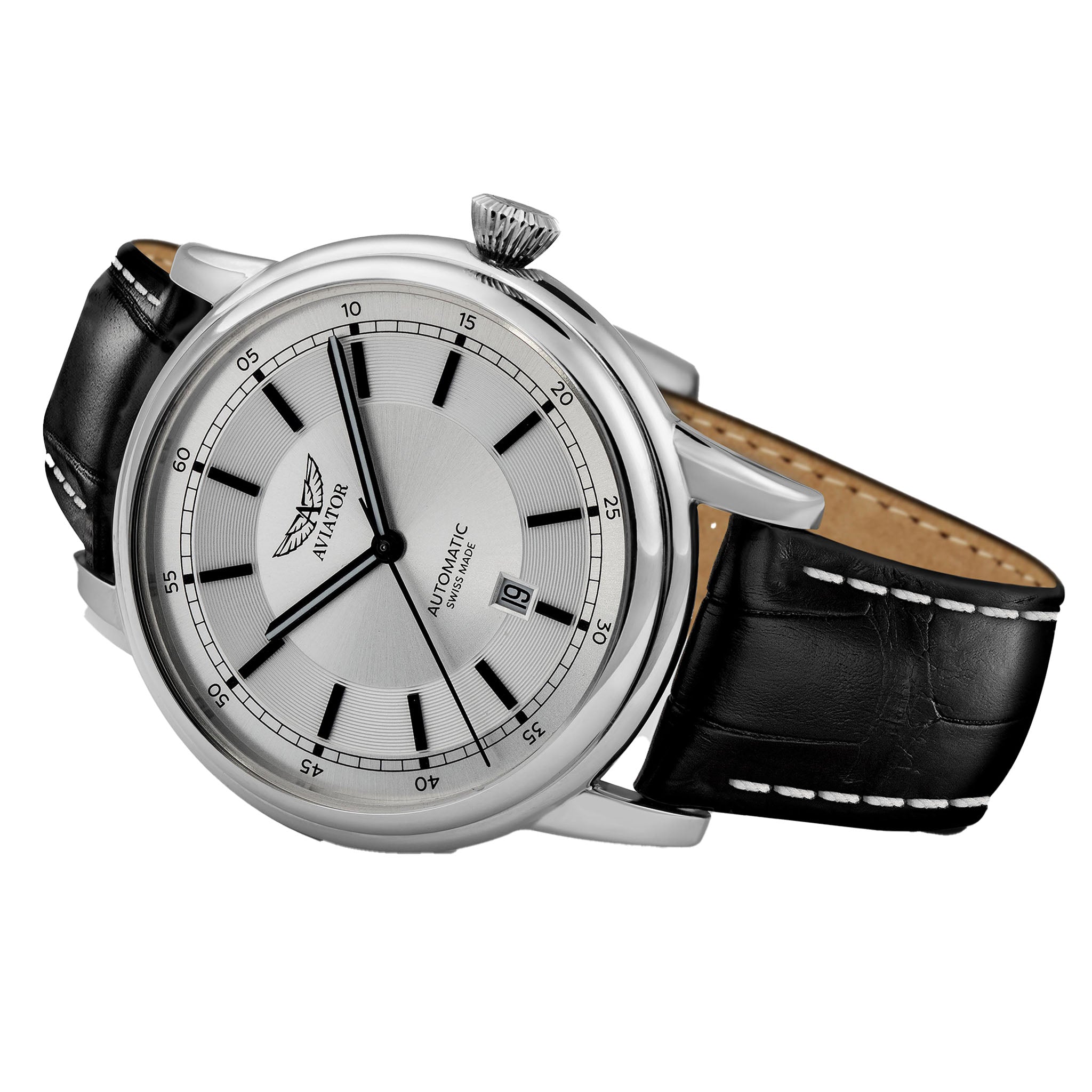 Aviator Black Leather Silver Dial Swiss Made Men's Automatic Watch - V33202414