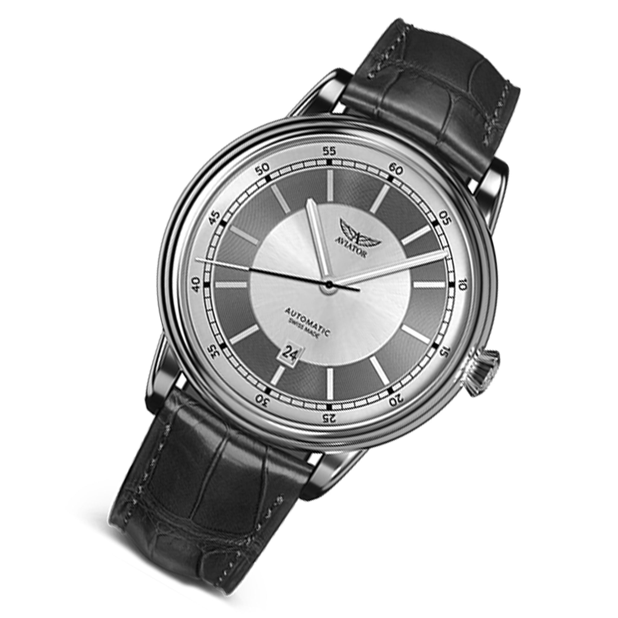 Aviator Black Leather Silver Dial Men's Automatic Swiss Made Watch - V33202664