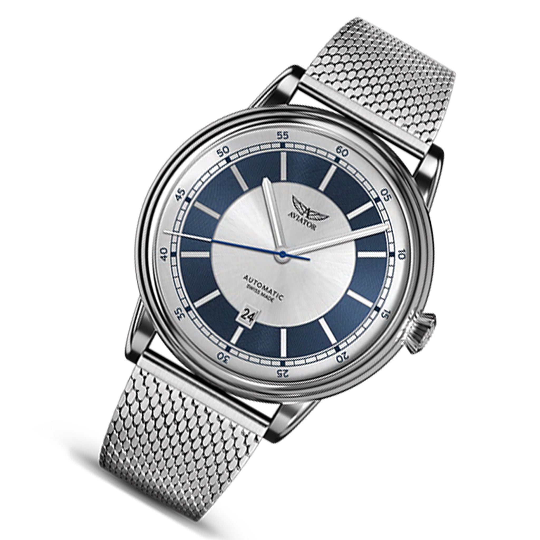 Aviator Silver Mesh Men's Automatic Swiss Made Watch - V33202735