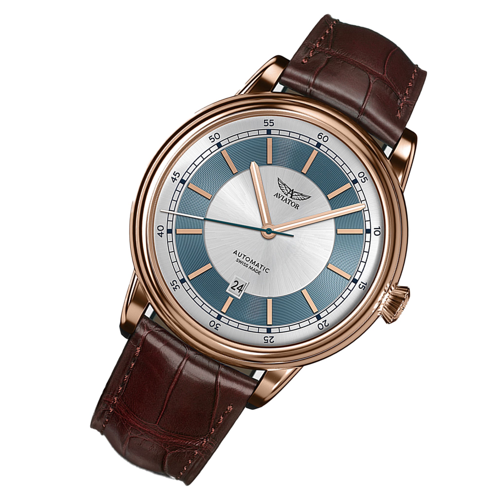 Aviator Brown Leather Silver Dial Swiss Made Men's Automatic Watch - V33222724