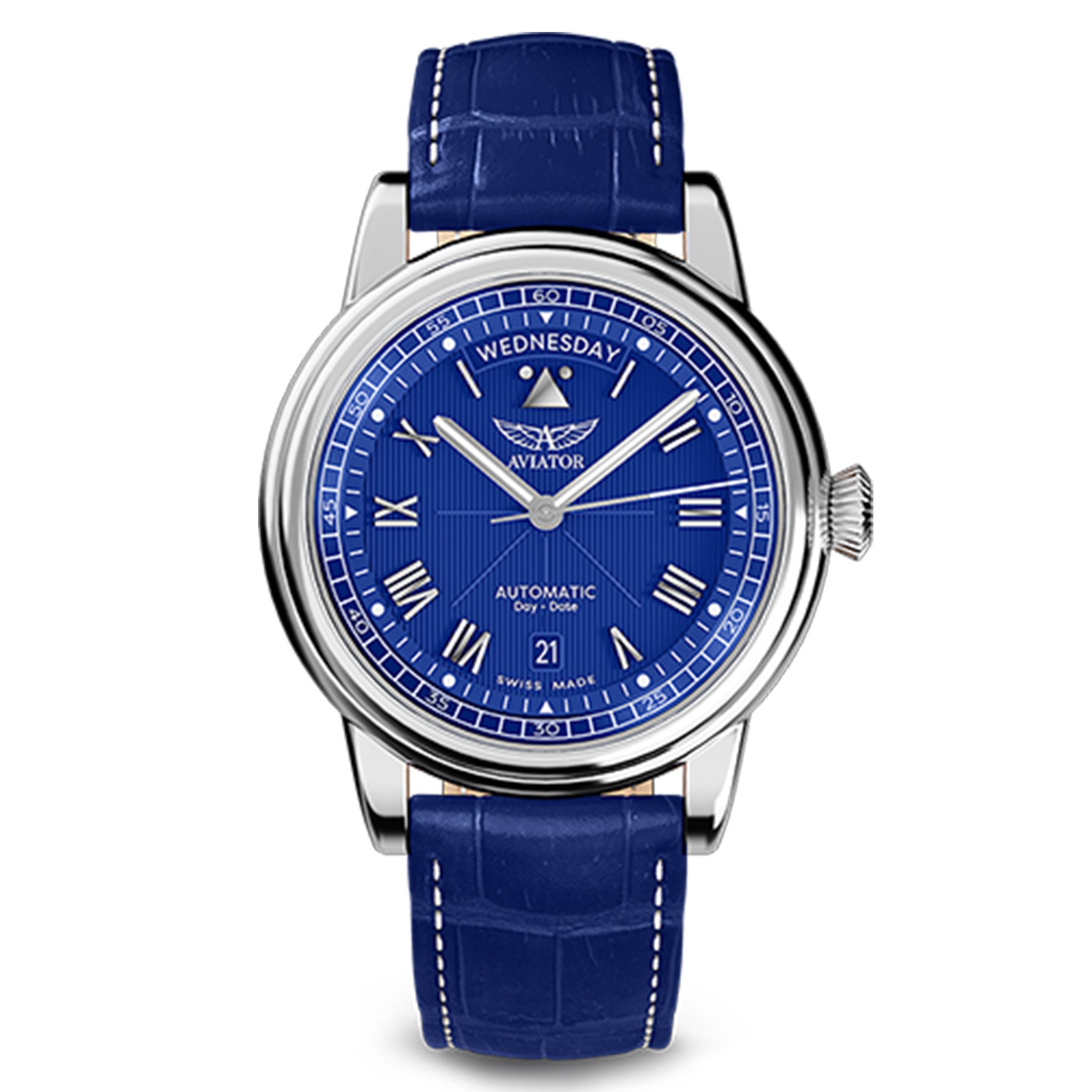 Aviator Blue Leather Men's Automatic Swiss Made Watch - V33502764