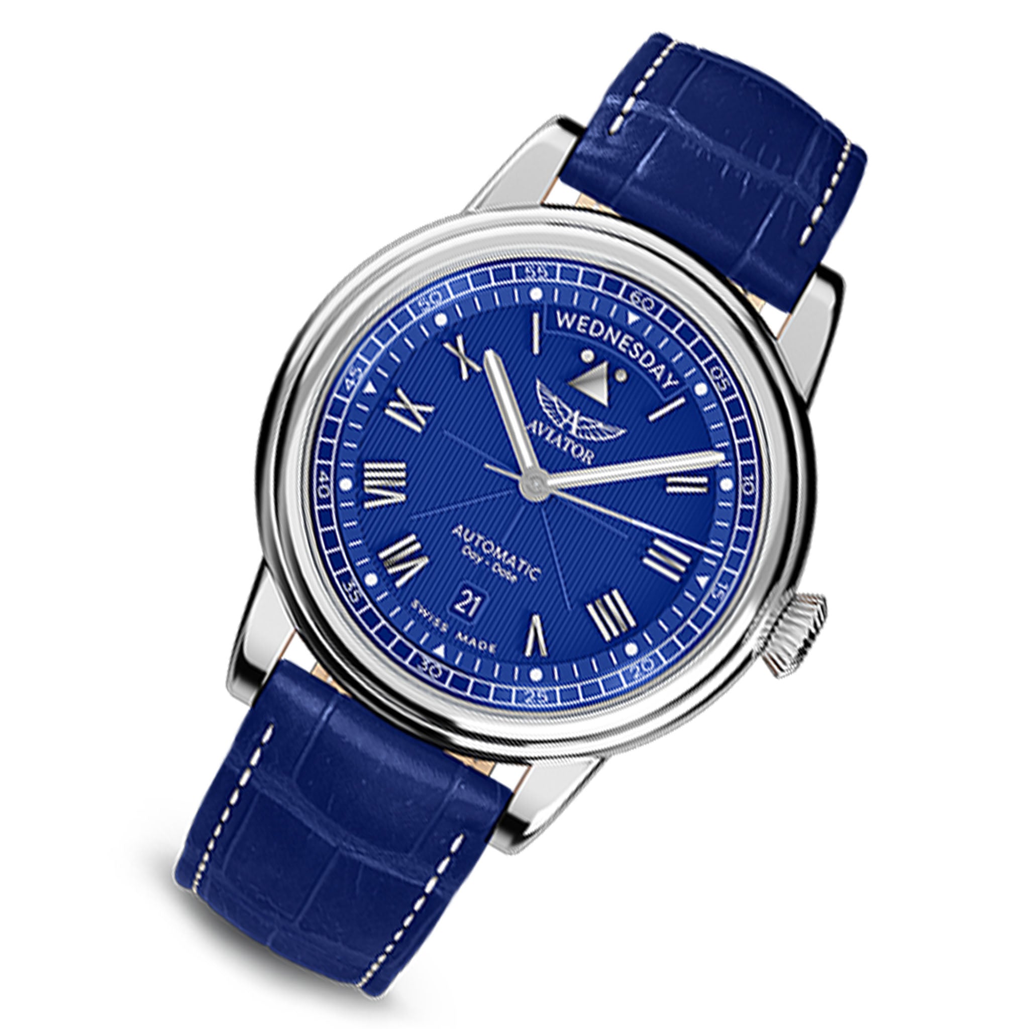 Aviator Blue Leather Men's Automatic Swiss Made Watch - V33502764