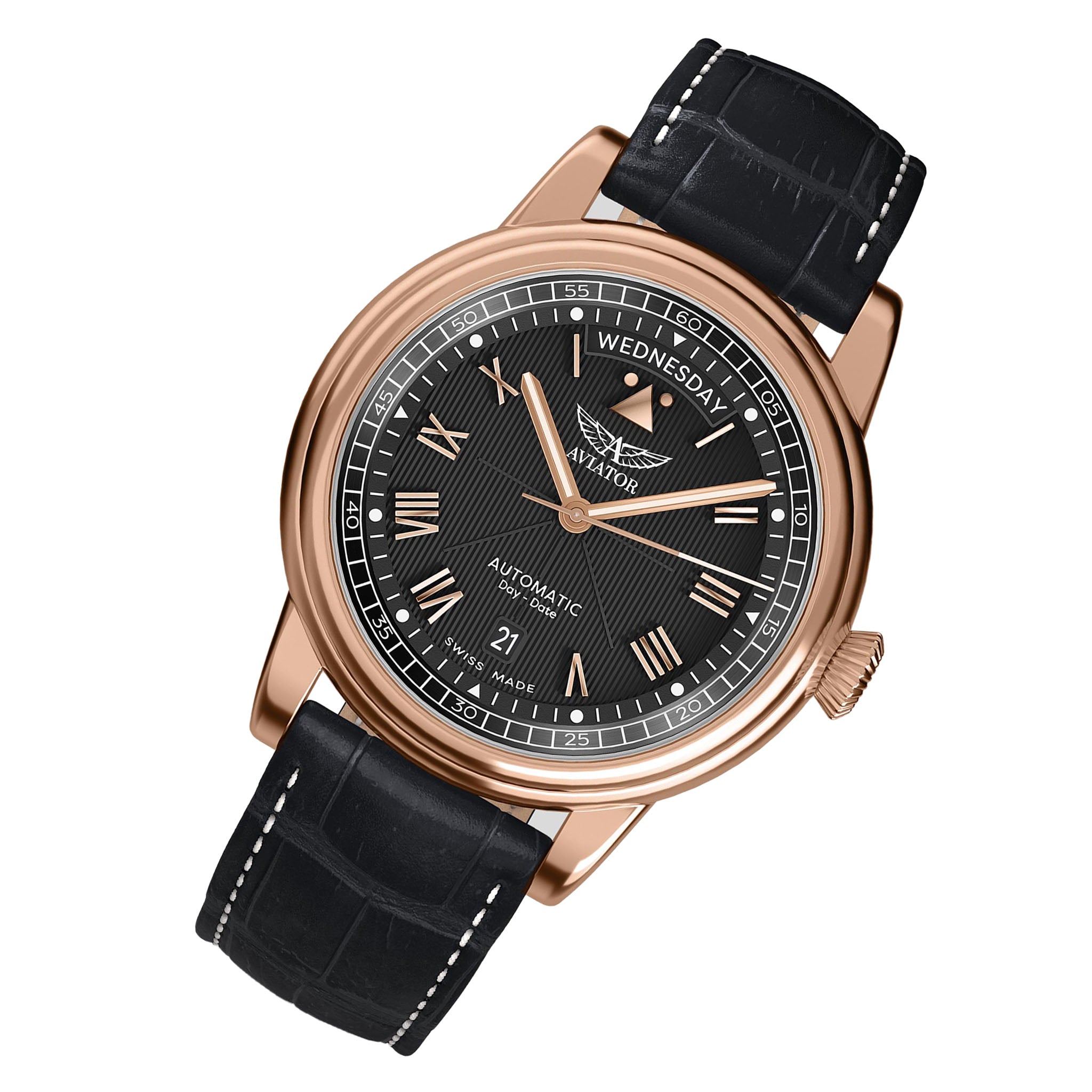 Aviator Black Leather Swiss Made Men's Automatic Watch - V33522754