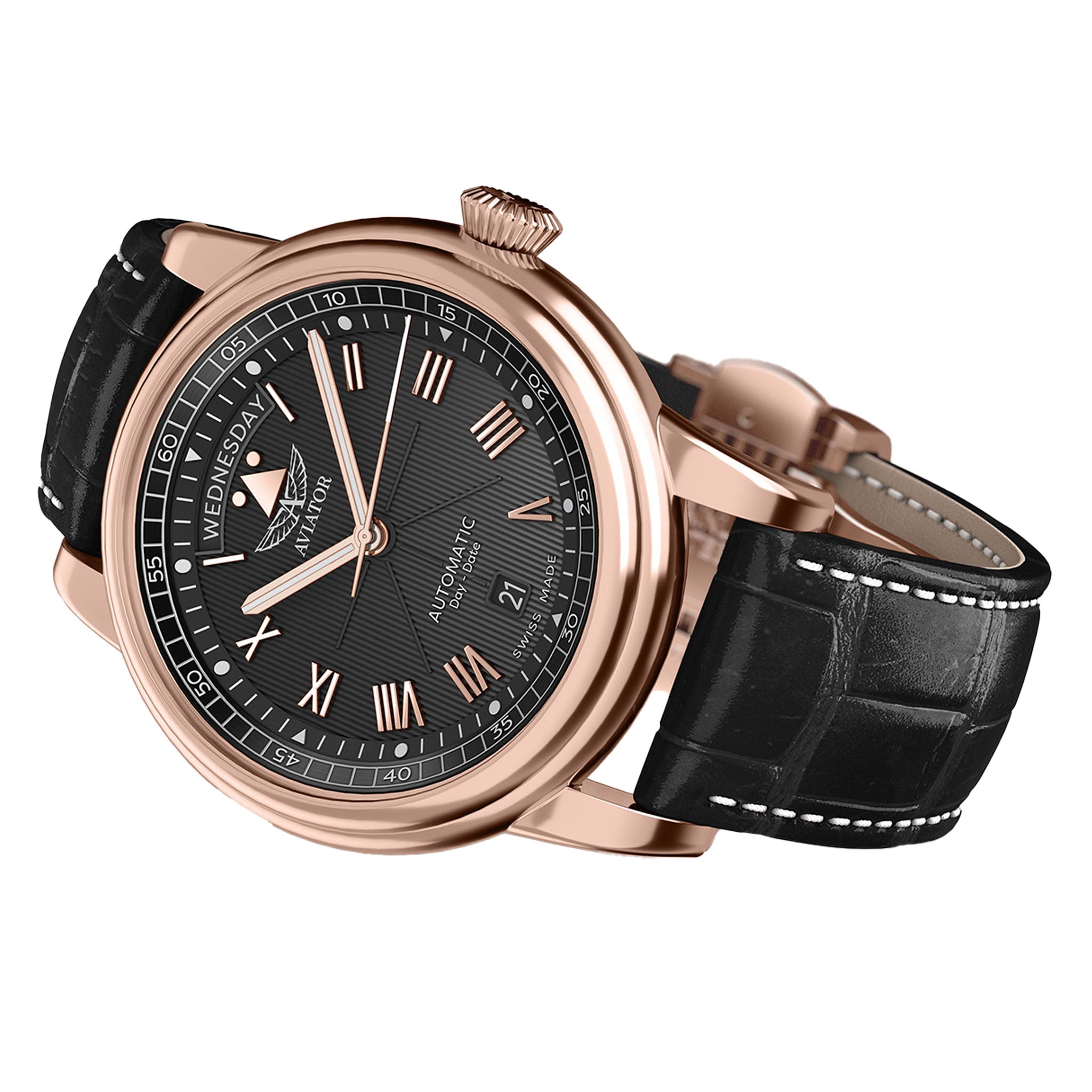 Aviator Black Leather Swiss Made Men's Automatic Watch - V33522754