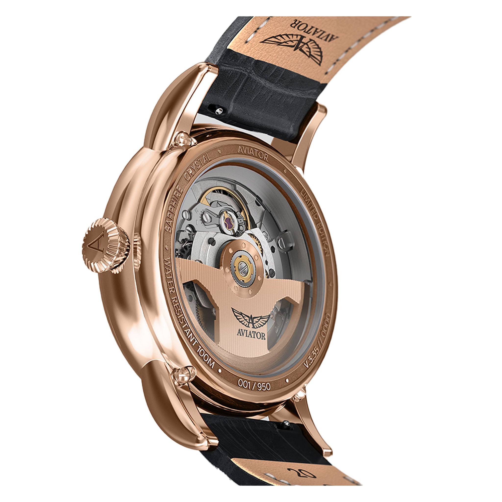 Aviator Black Leather Swiss Made Men's Automatic Watch - V33522754