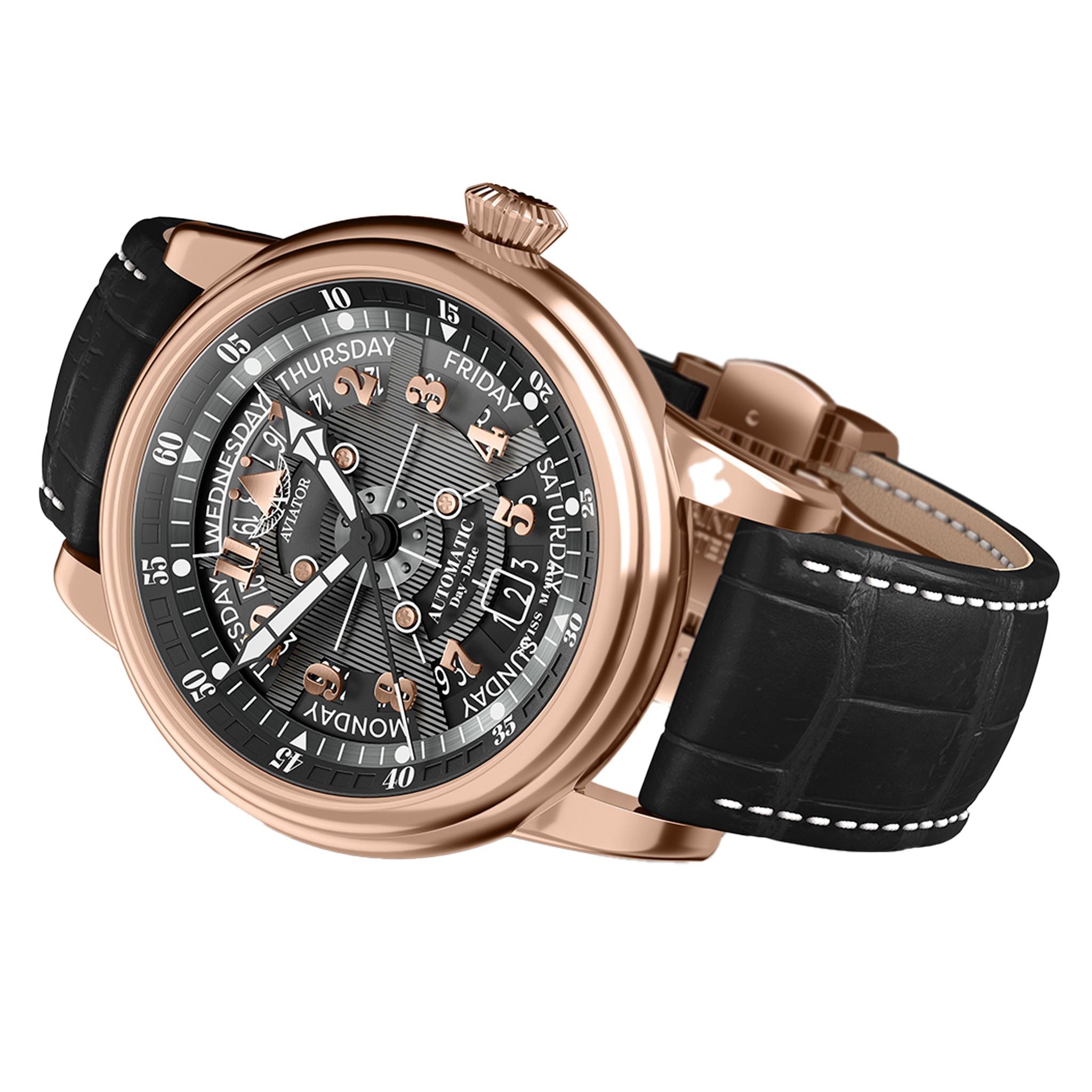 Aviator Black Leather Swiss Made Men's Automatic Watch - V33622854