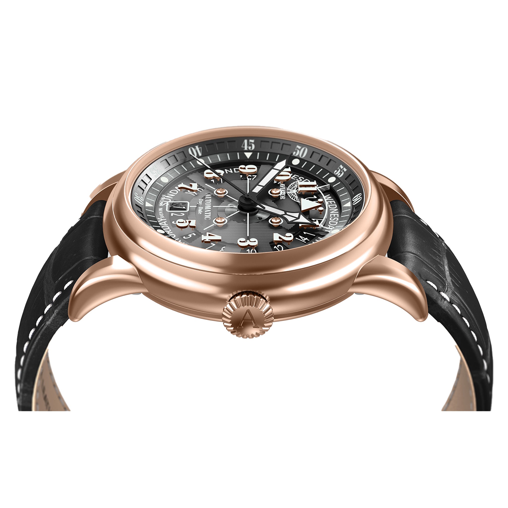 Aviator Black Leather Swiss Made Men's Automatic Watch - V33622854