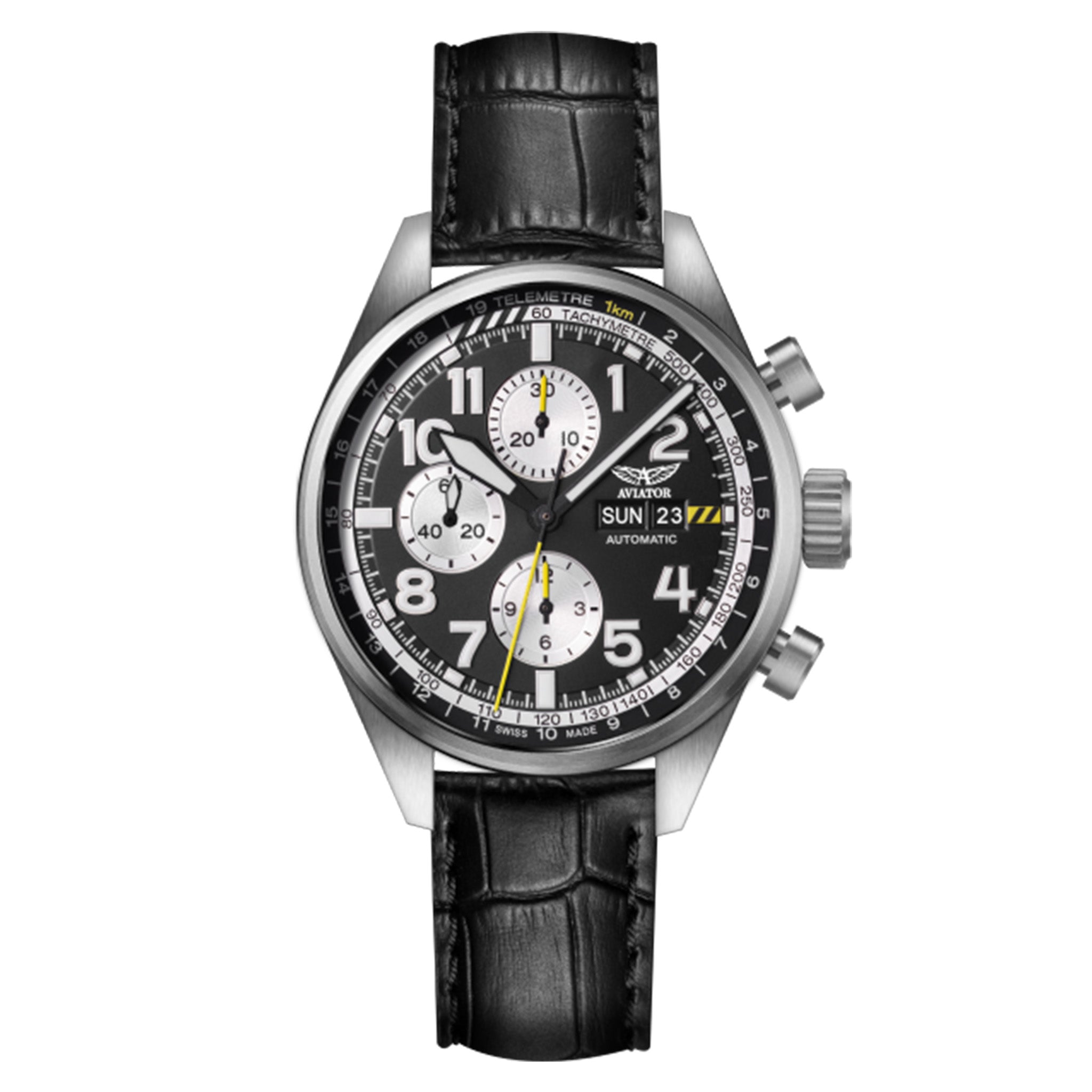 Aviator Black Leather Automatic Men's Swiss Made Watch - V42601754