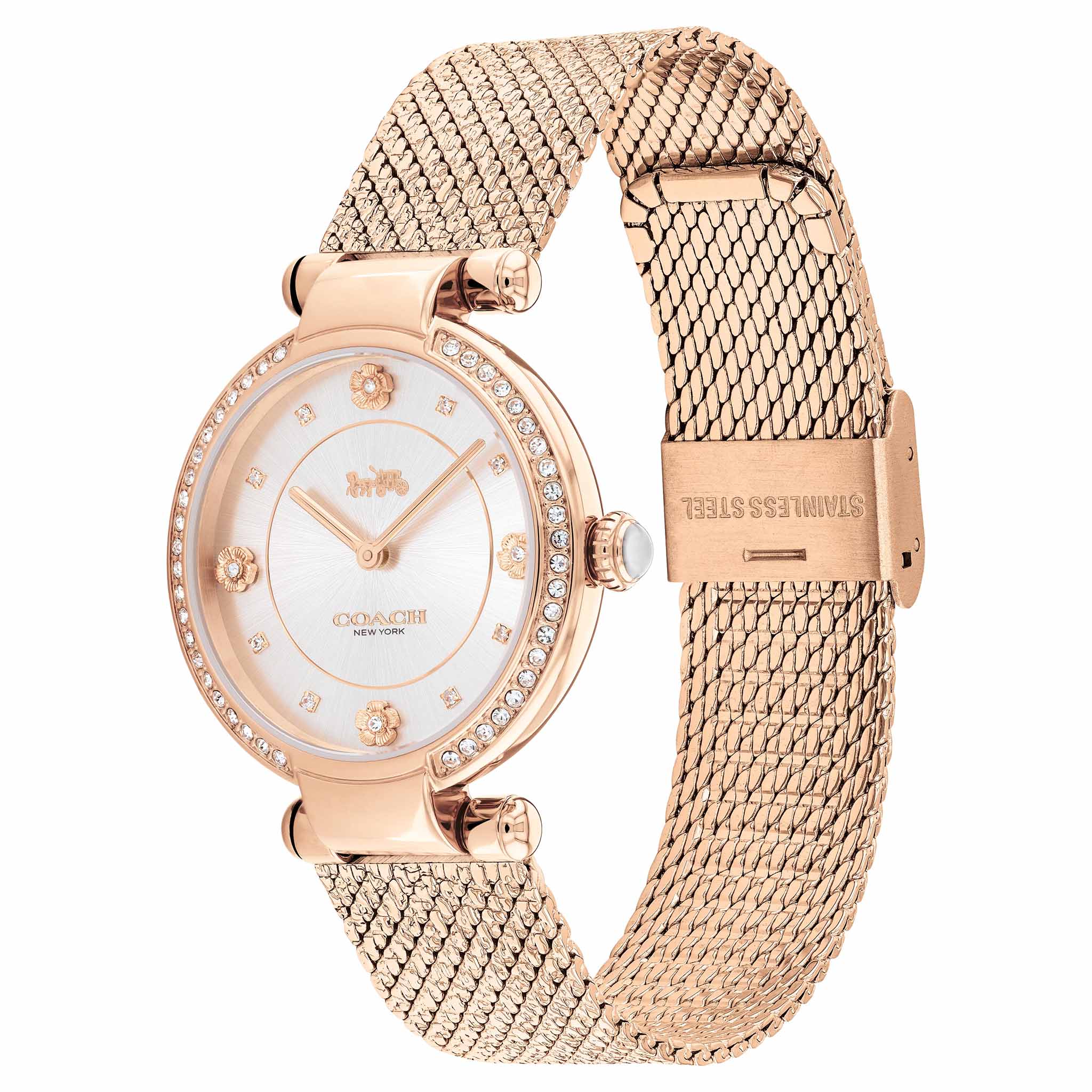 Coach Cary Rose Gold Stainless Steel Mesh Silver White Dial Women's Watch - 14503996