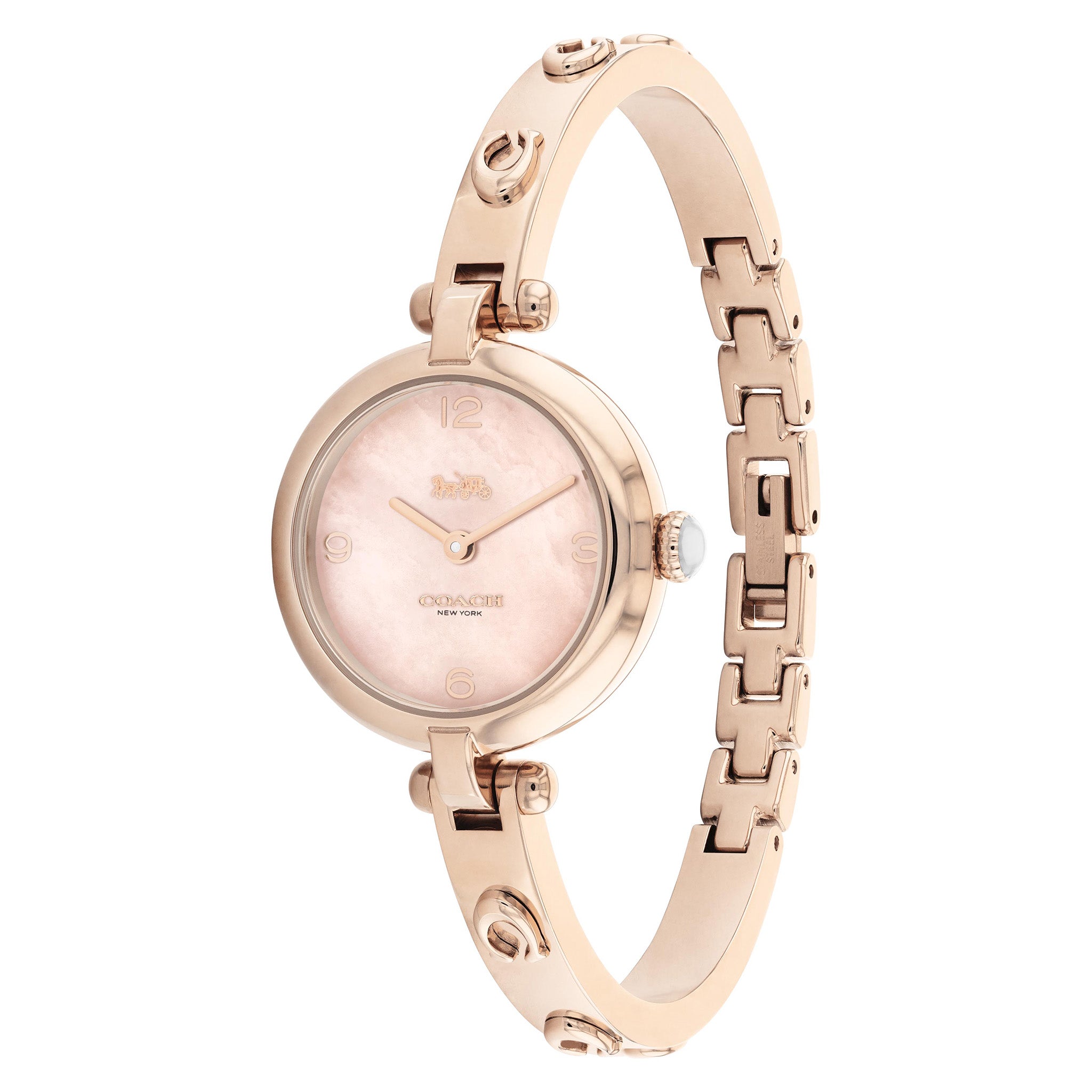 Coach Cary Carnation Gold Stainless Steel Bangle Rose Gold Mother of Pearl Dial Women's Watch - 14504007