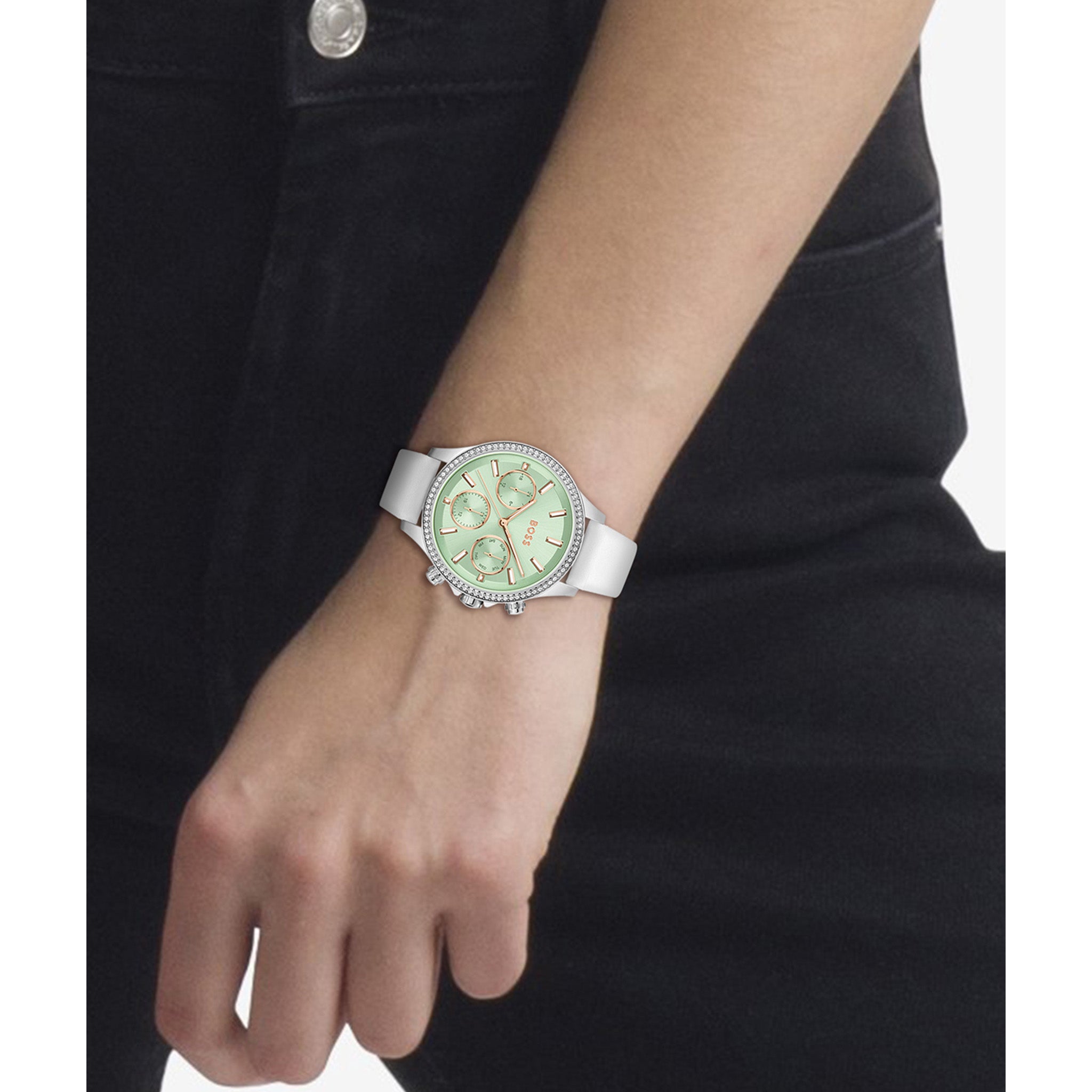 Hugo Boss White Leather Green Dial Women's Multi-function Watch - 1502629