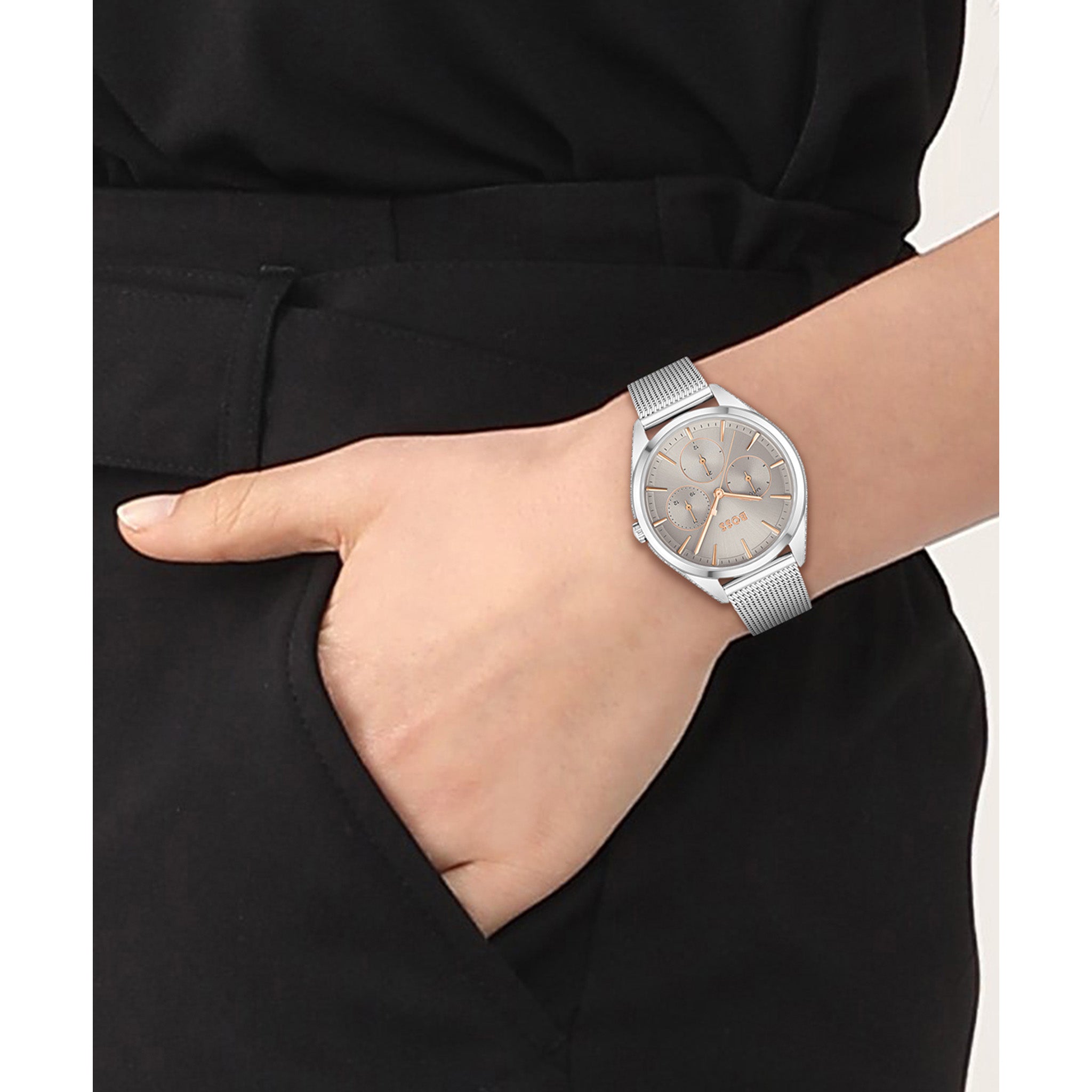 BOSS by Hugo Boss Silver Mesh Beige Dial Women's Multi-function Watch - 1502638