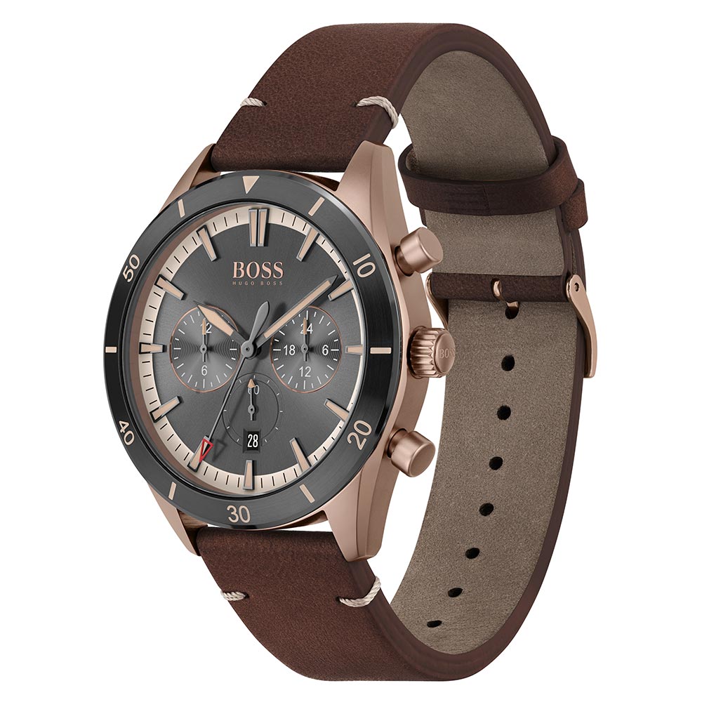 Hugo Boss Santiago Dark Brown Leather Chronograph Men's Watch - 1513861