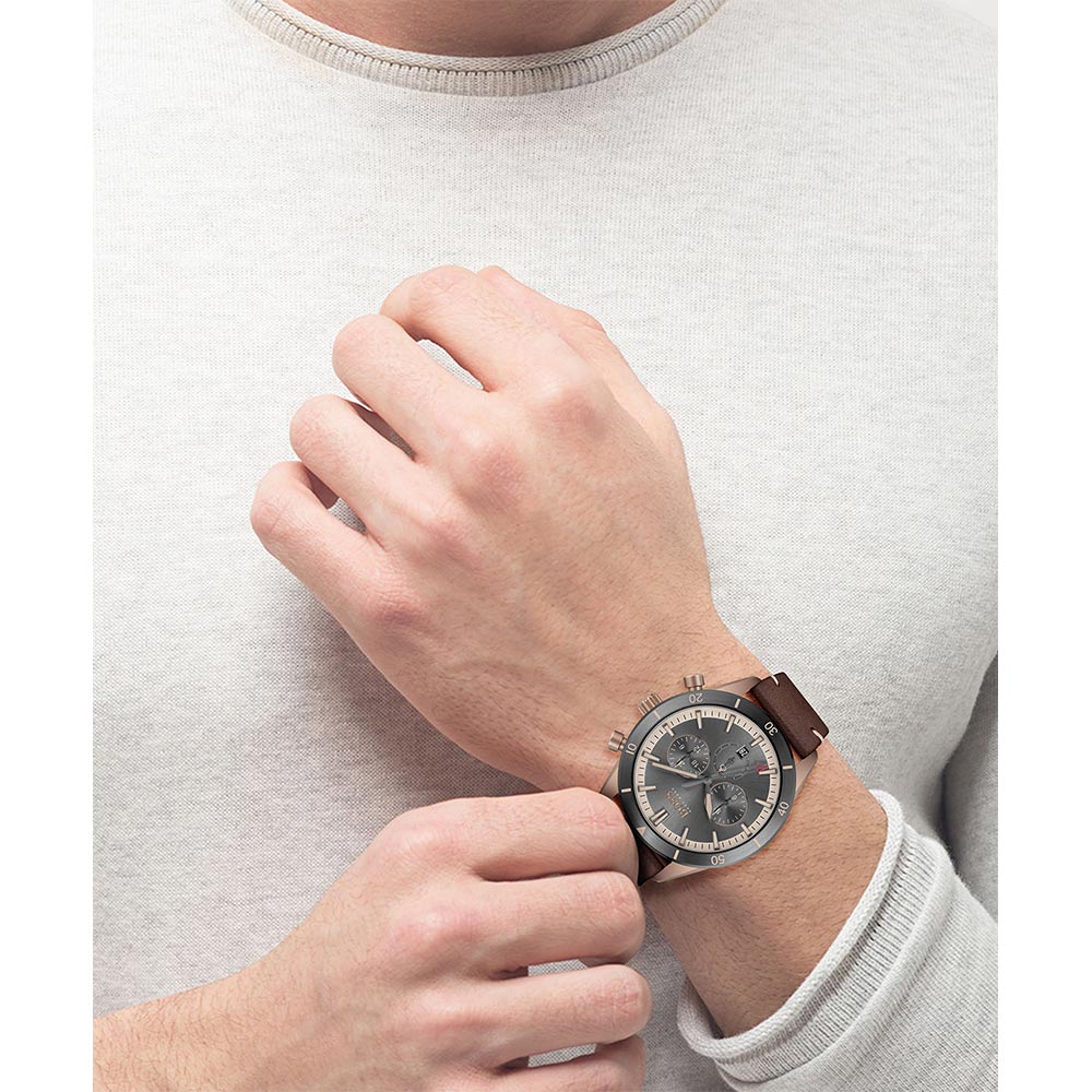 Hugo Boss Santiago Dark Brown Leather Chronograph Men's Watch - 1513861