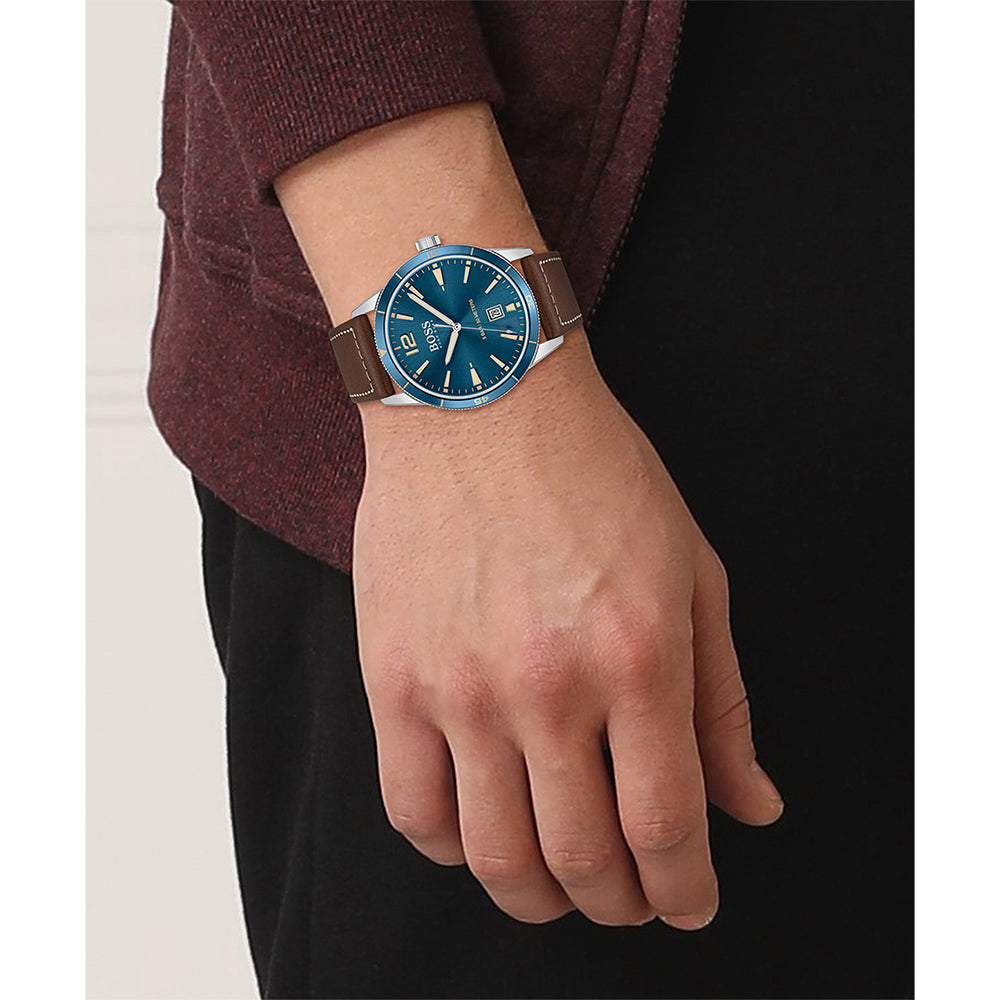 Hugo Boss Brown Leather Blue Dial Men's Watch - 1513899