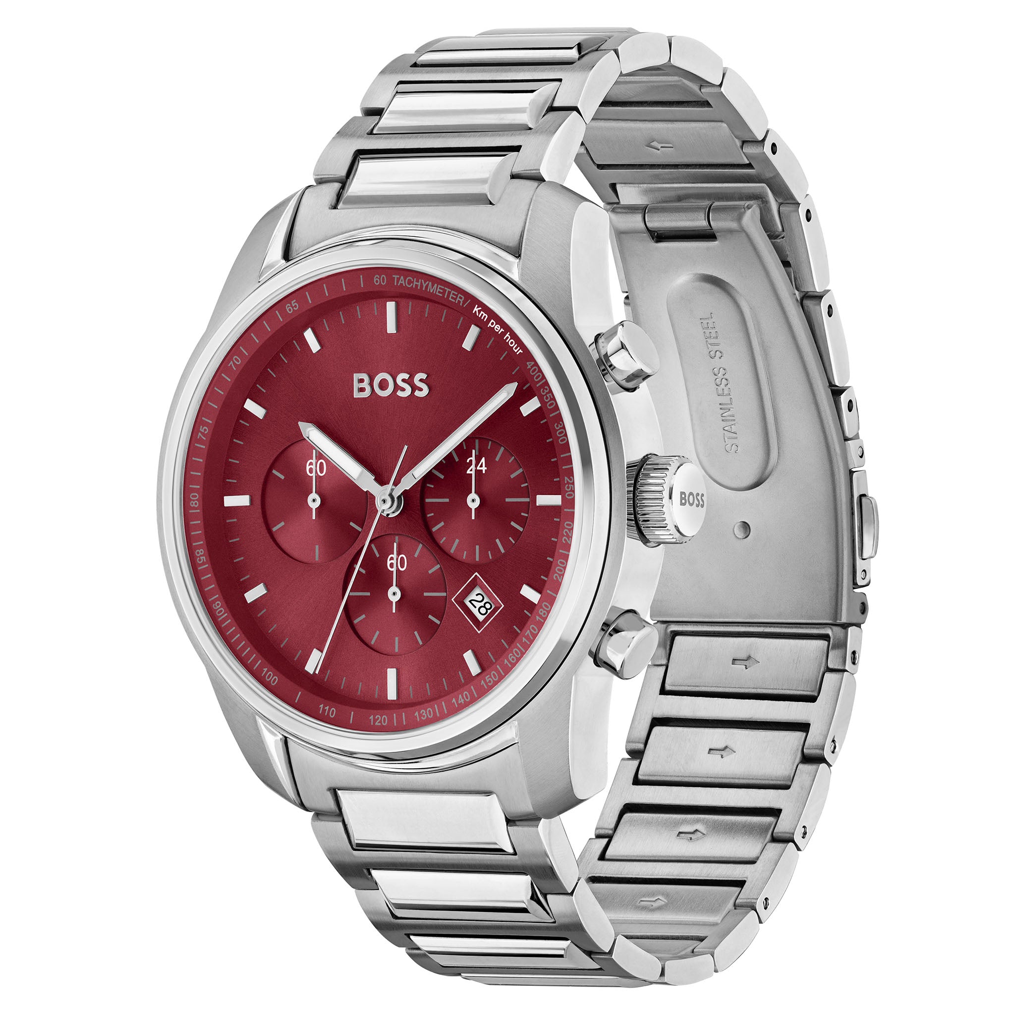 BOSS by Hugo Boss Stainless Steel Red Dial Chronograph Men's Watch - 1514004