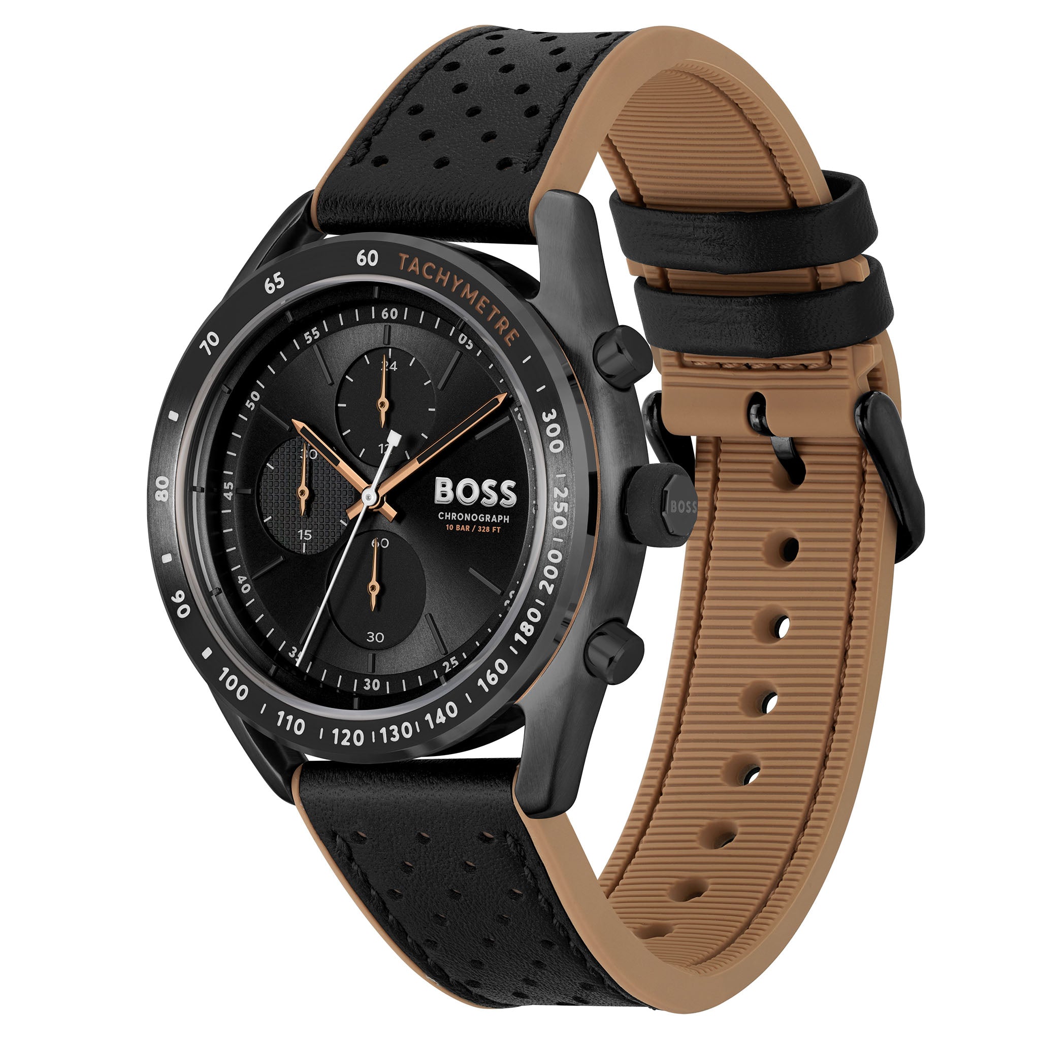 Hugo Boss Brown Silicone Black Dial Chronograph Men's Watch - 1514022