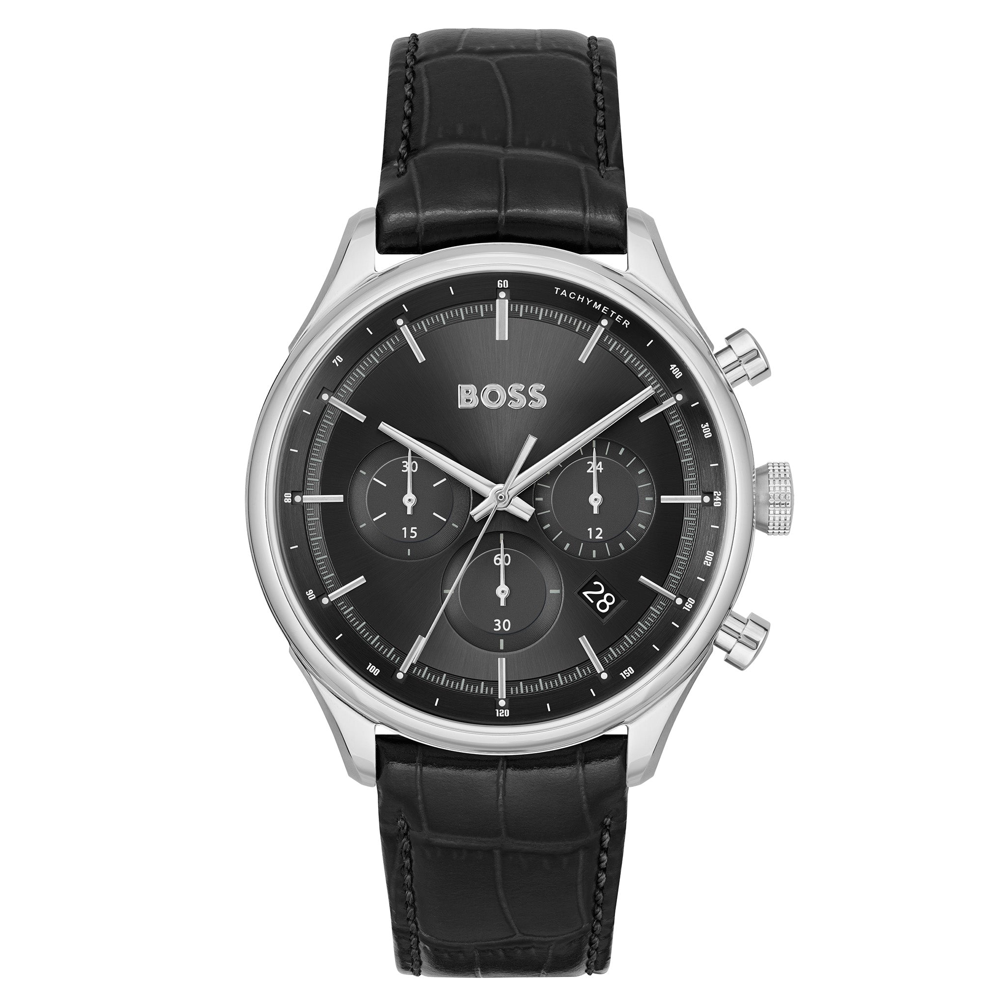 Hugo Boss Black Mock Crocodile-Grained Leather Black Sunray Dial Chronograph Men's Watch - 1514049