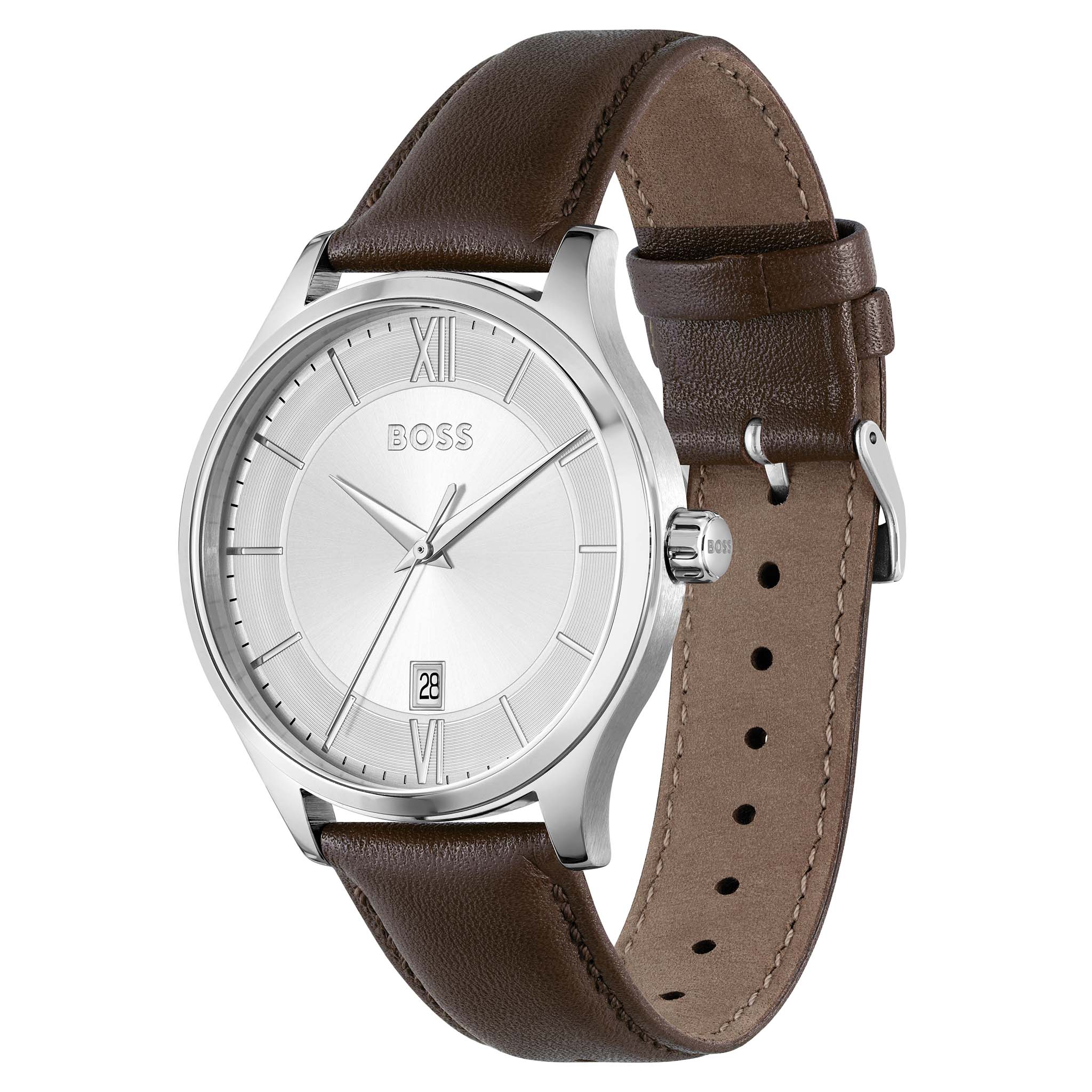 BOSS by Hugo Boss Brown Calfskin Leather Silver White Dial Men's Watch - 1514064