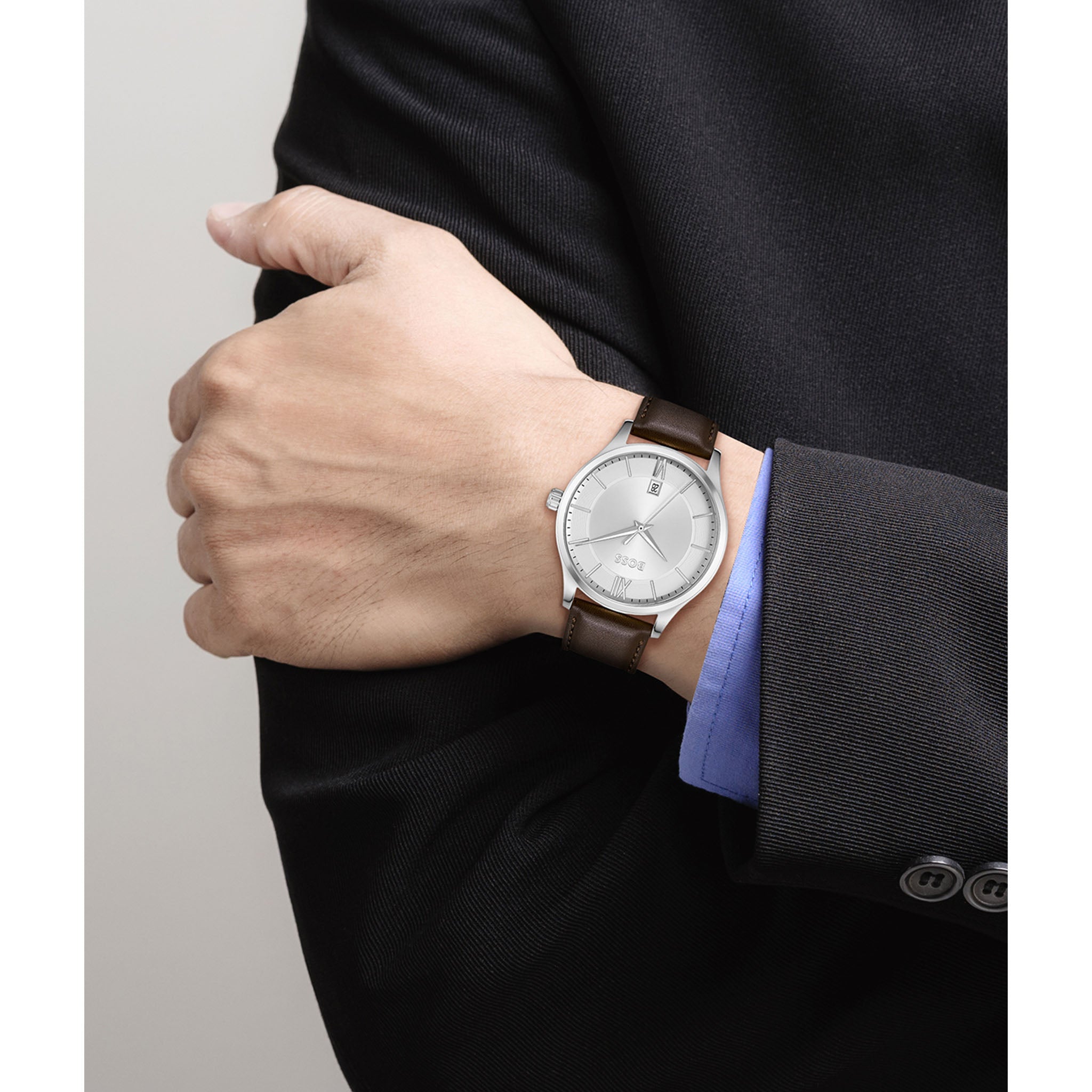 BOSS by Hugo Boss Brown Calfskin Leather Silver White Dial Men's Watch - 1514064