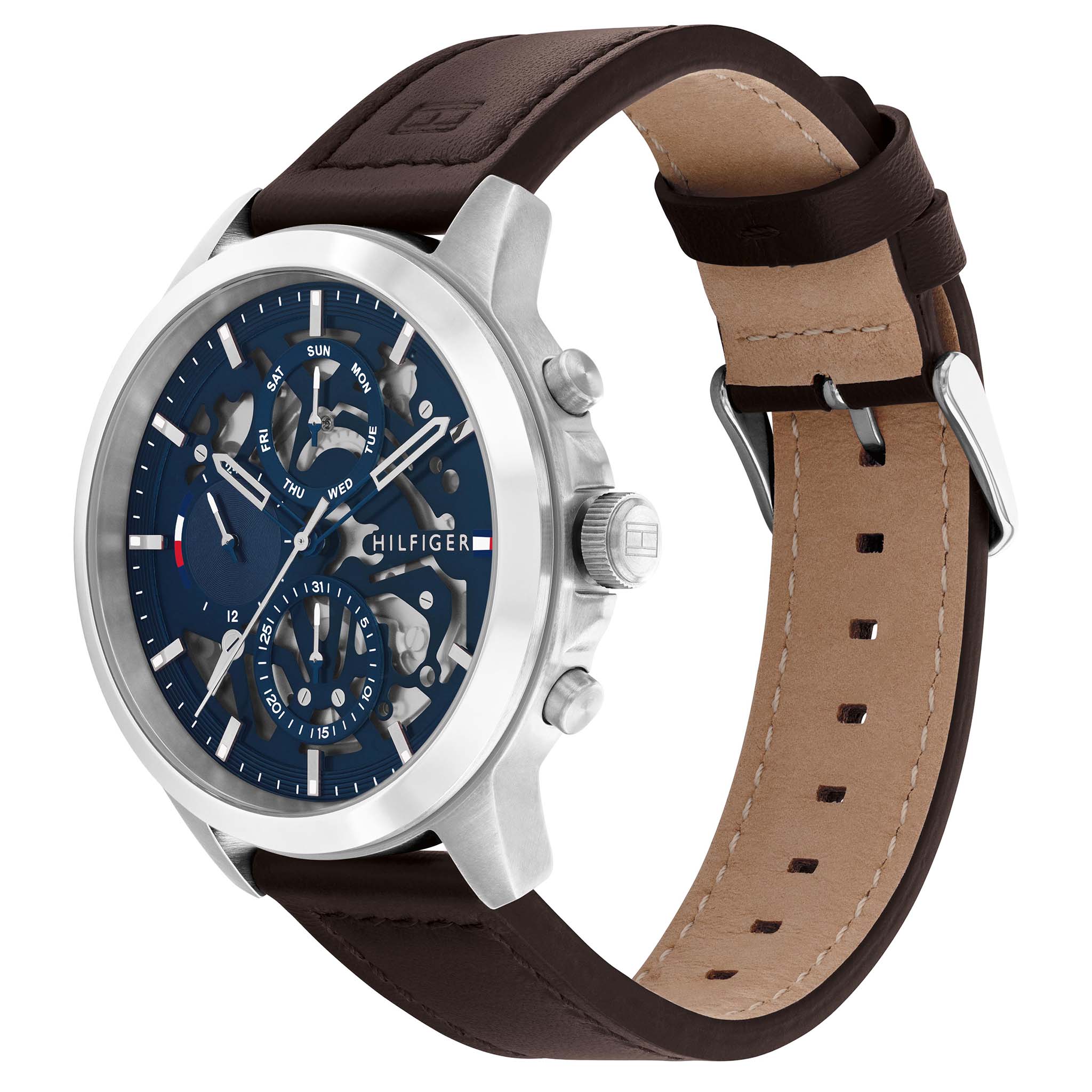 Tommy Hilfiger Dark Brown Leather Band Blue Dial Men's Multi-function Watch - 1710476