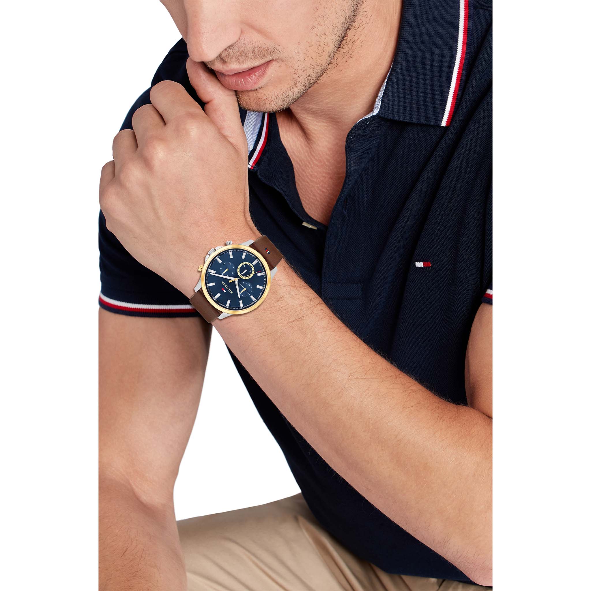 Tommy Hilfiger Brown Leather Navy Dial Multi-function Men's Watch - 1710496