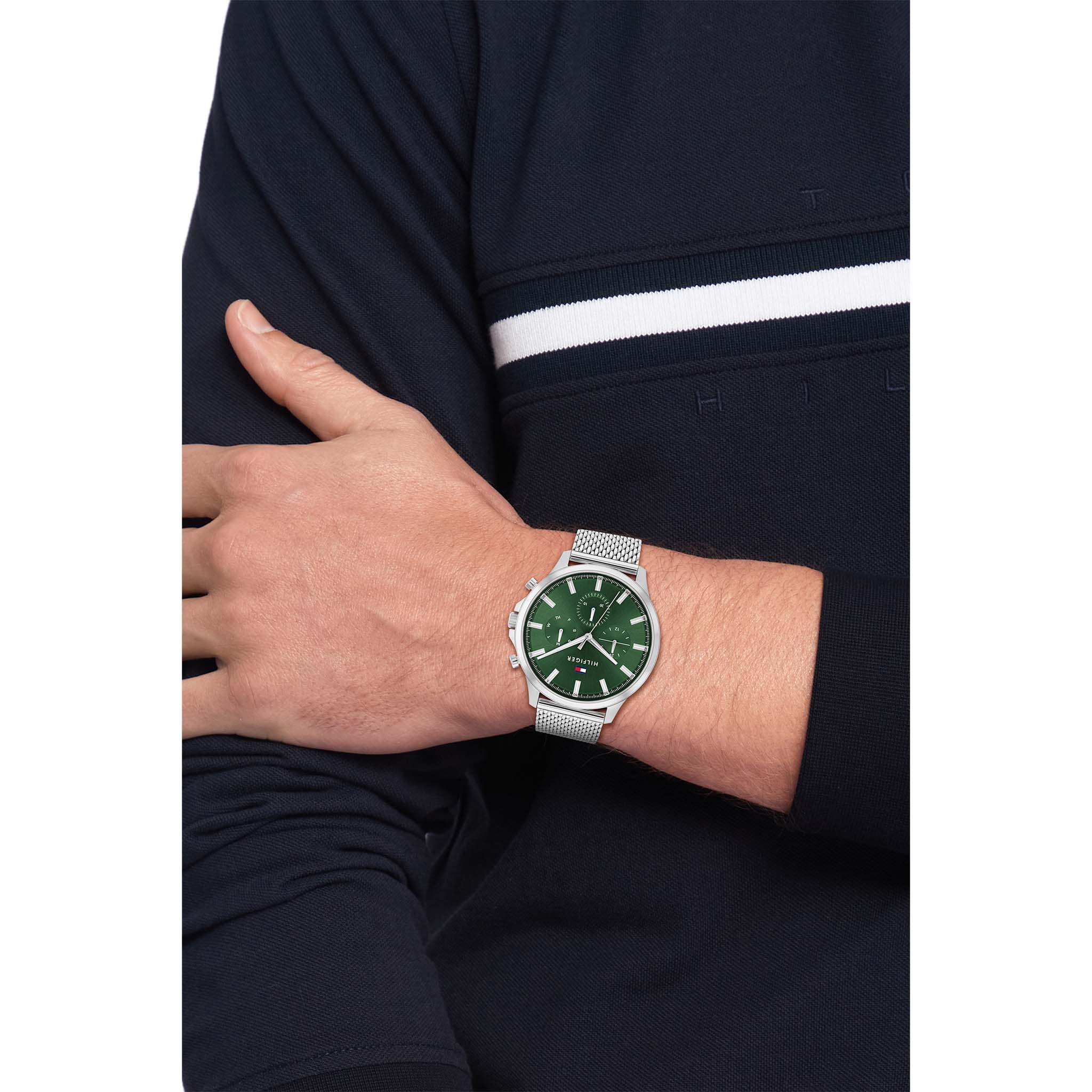 Tommy Hilfiger Silver-Tone Mesh Green Dial Multi-function Men's Watch - 1710499