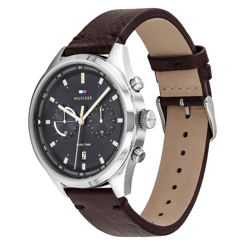 Tommy Hilfiger Dark Brown Leather Grey Dial Multi-function Men's Watch - 1791729
