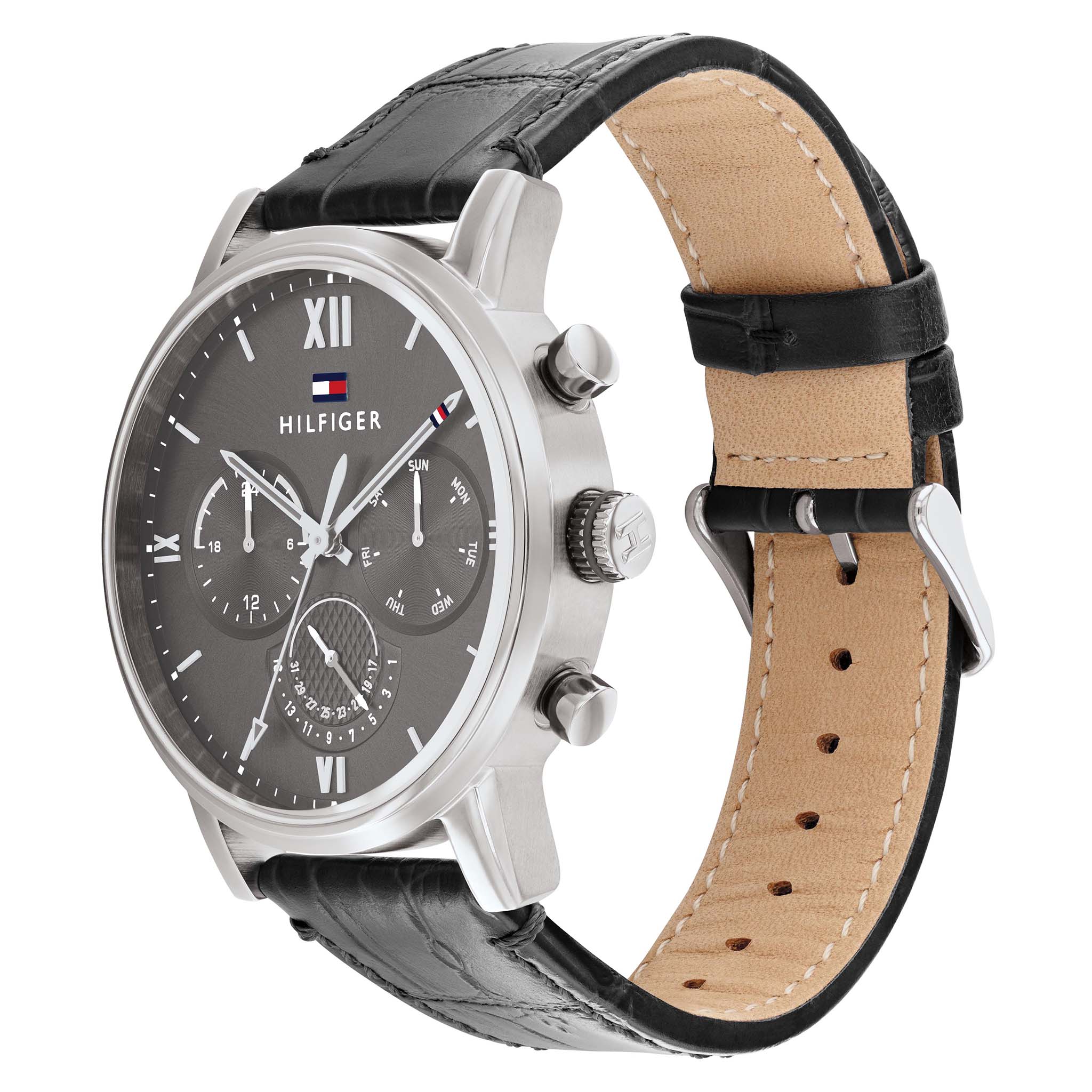 Tommy Hilfiger Black Leather Grey Dial Men's Multi-function Watch - 1791883