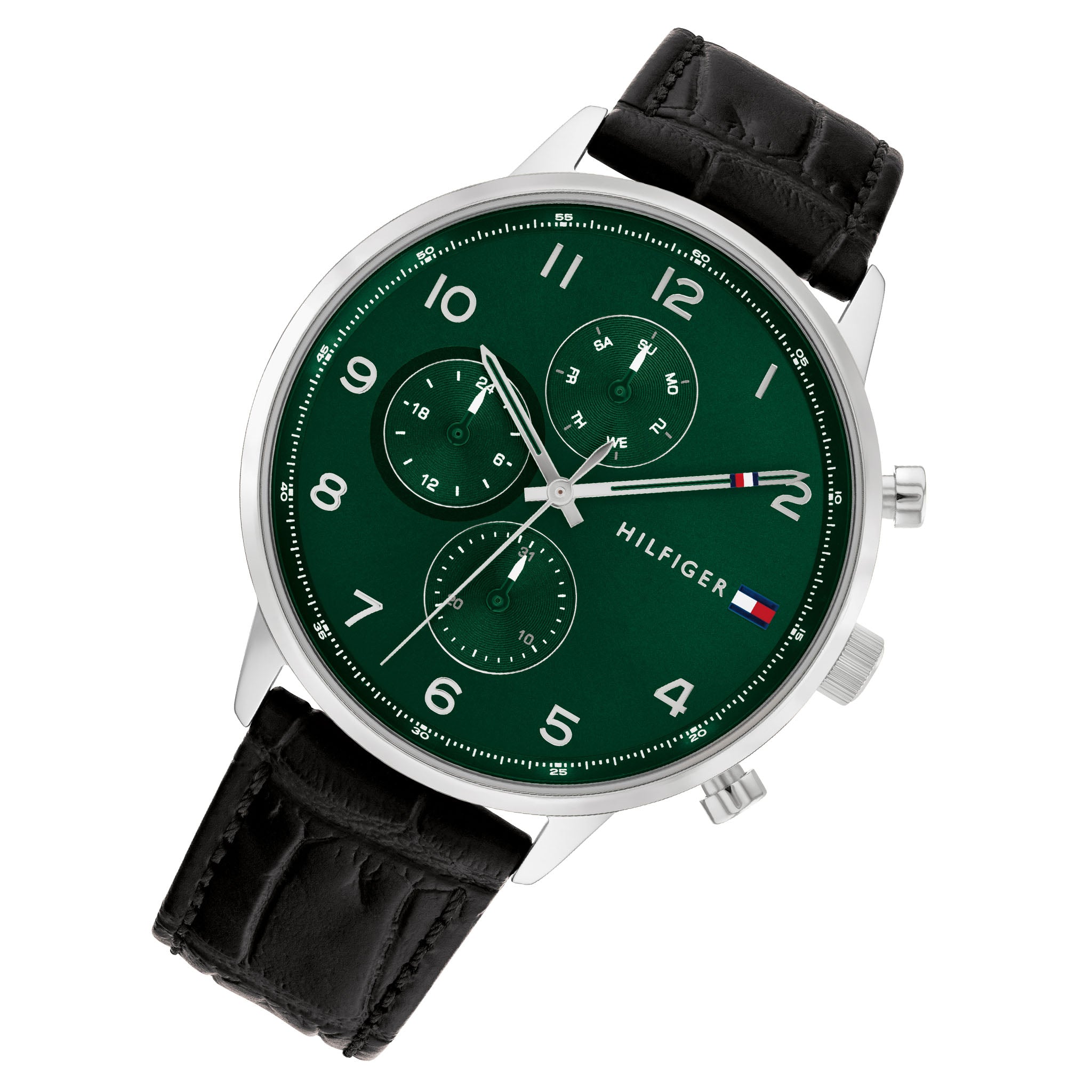 Tommy Hilfiger Black Leather Green Dial Men's Multi-function Watch - 1791985