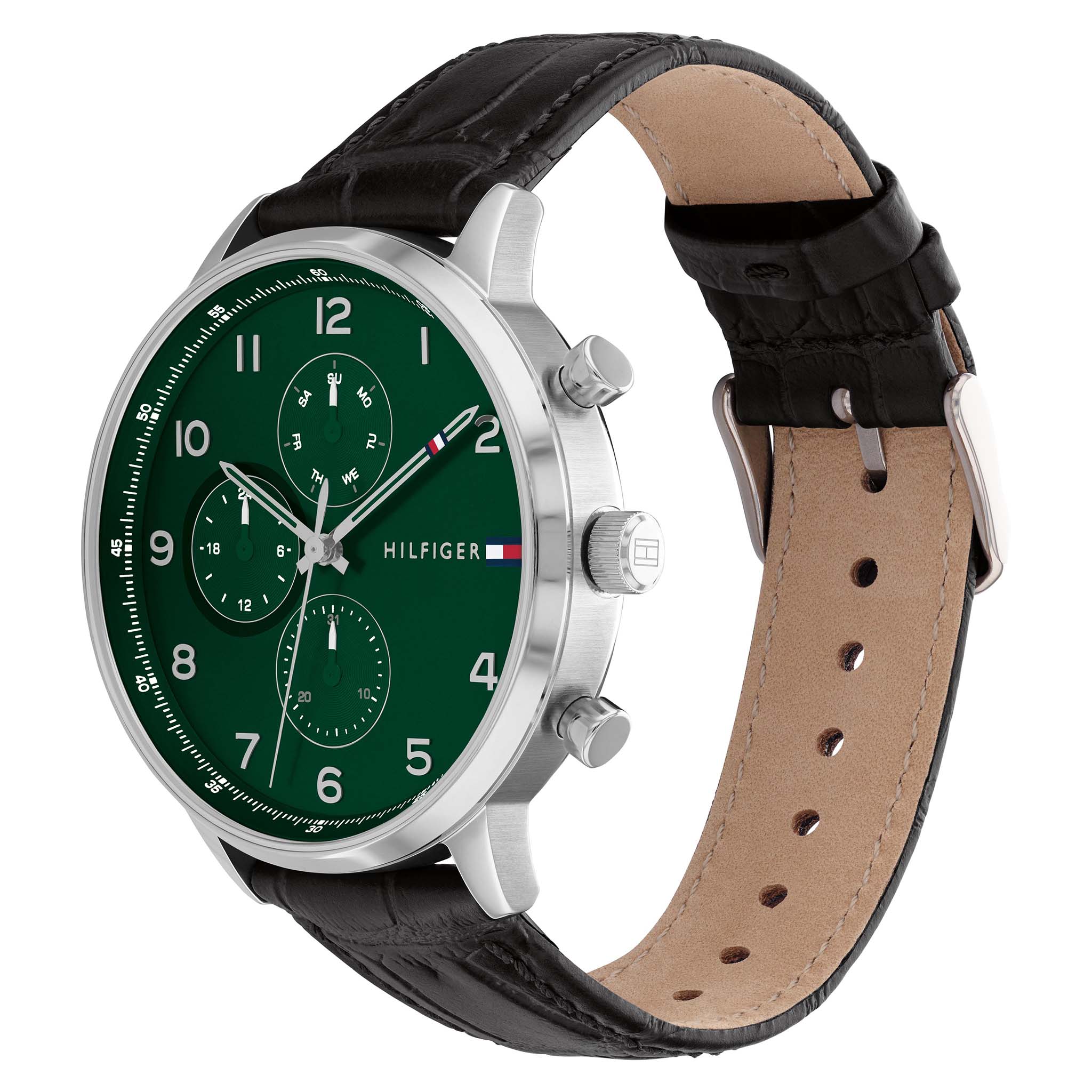 Tommy Hilfiger Black Leather Green Dial Men's Multi-function Watch - 1791985