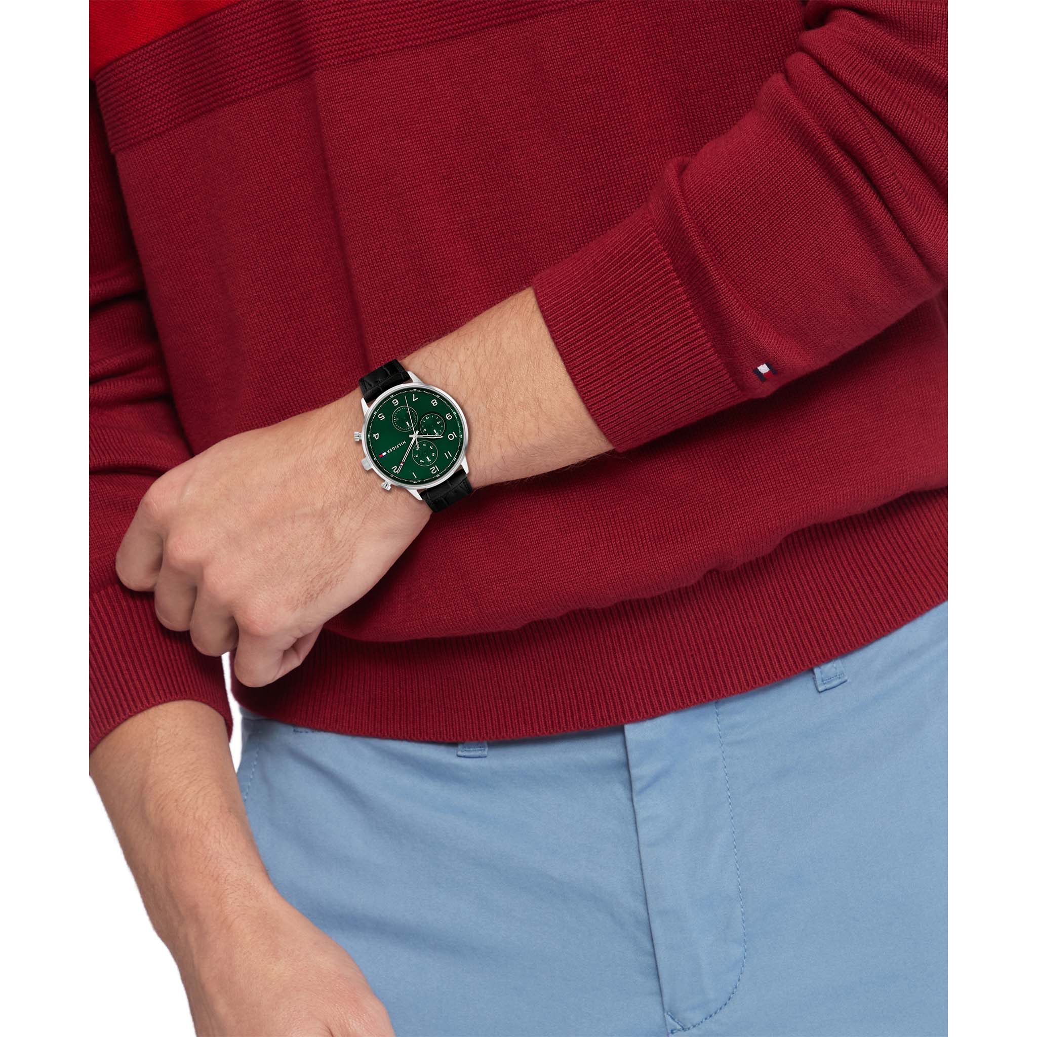 Tommy Hilfiger Black Leather Green Dial Men's Multi-function Watch - 1791985